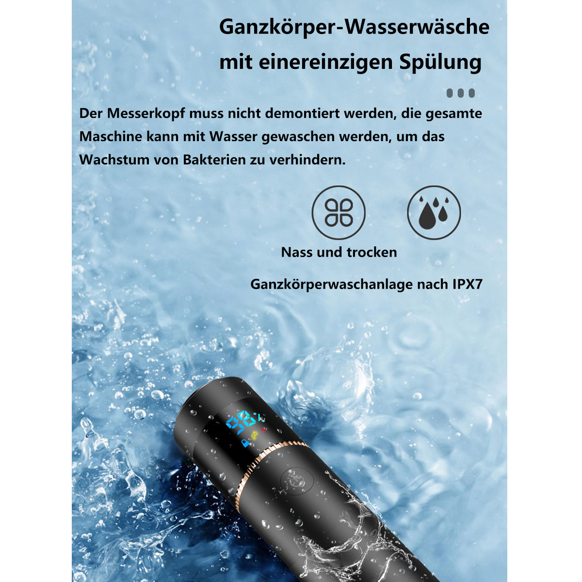 Schwarzes Gerät mit Text über Nass-/Trockenreinigung und Wasserspritzer.