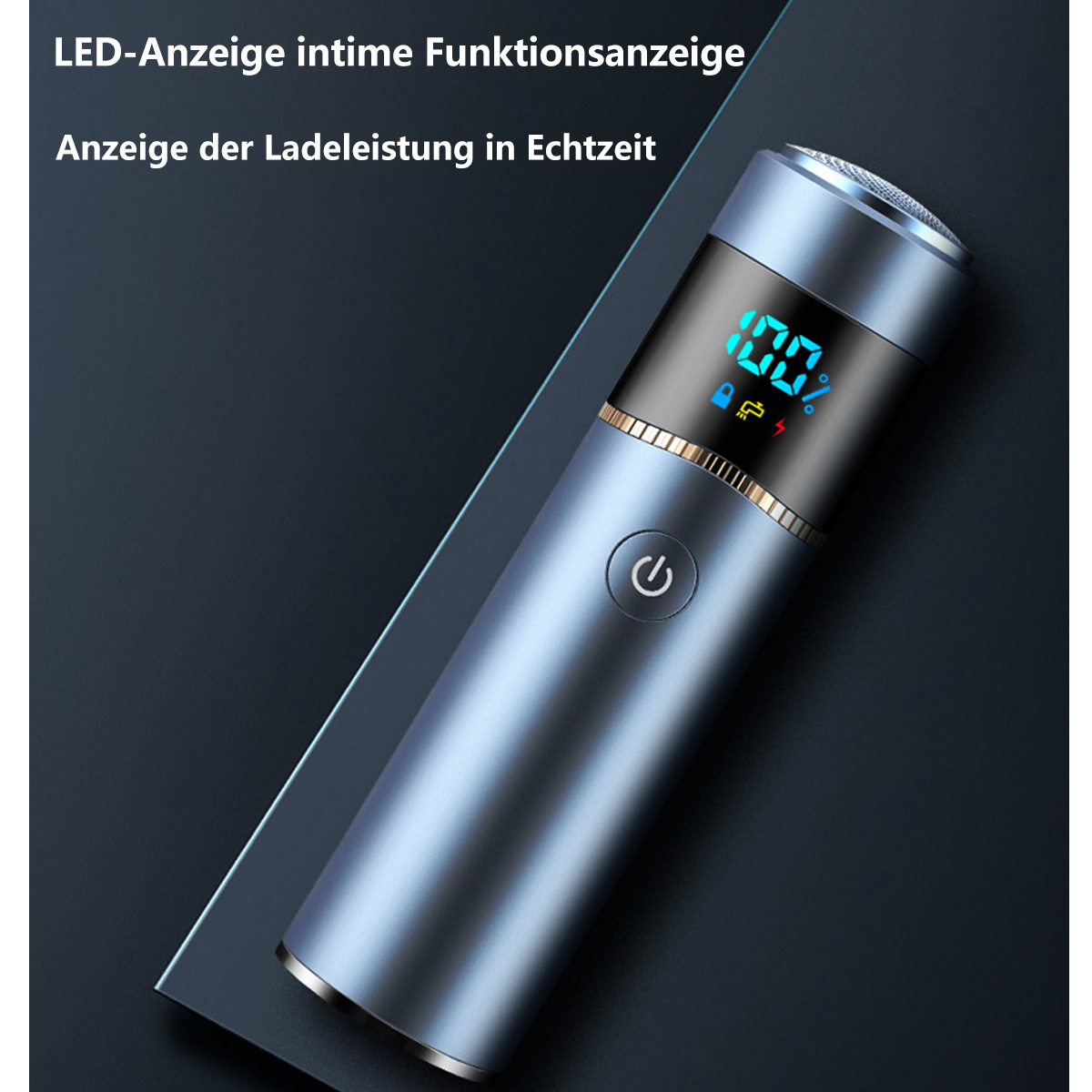 Ein blau-silberner Elektrorasierer mit Digitalanzeige, die 100 % anzeigt. Der Hintergrund ist dunkel.