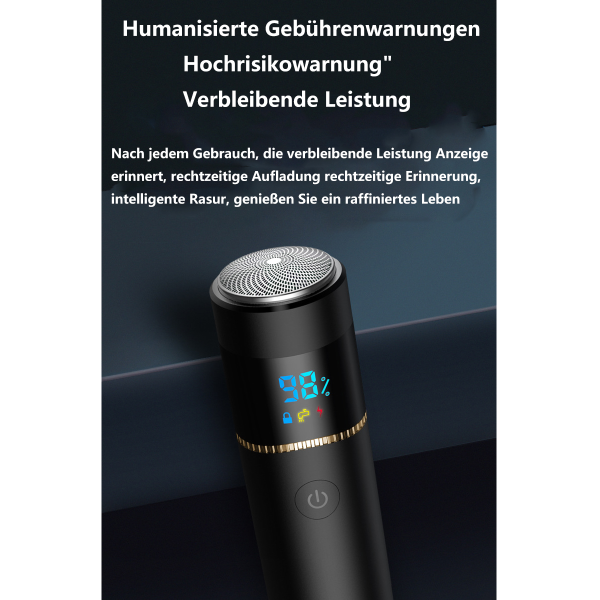 Ein schwarzer und silberner Rasierer mit digitaler Anzeige, die einen Prozentsatz anzeigt.