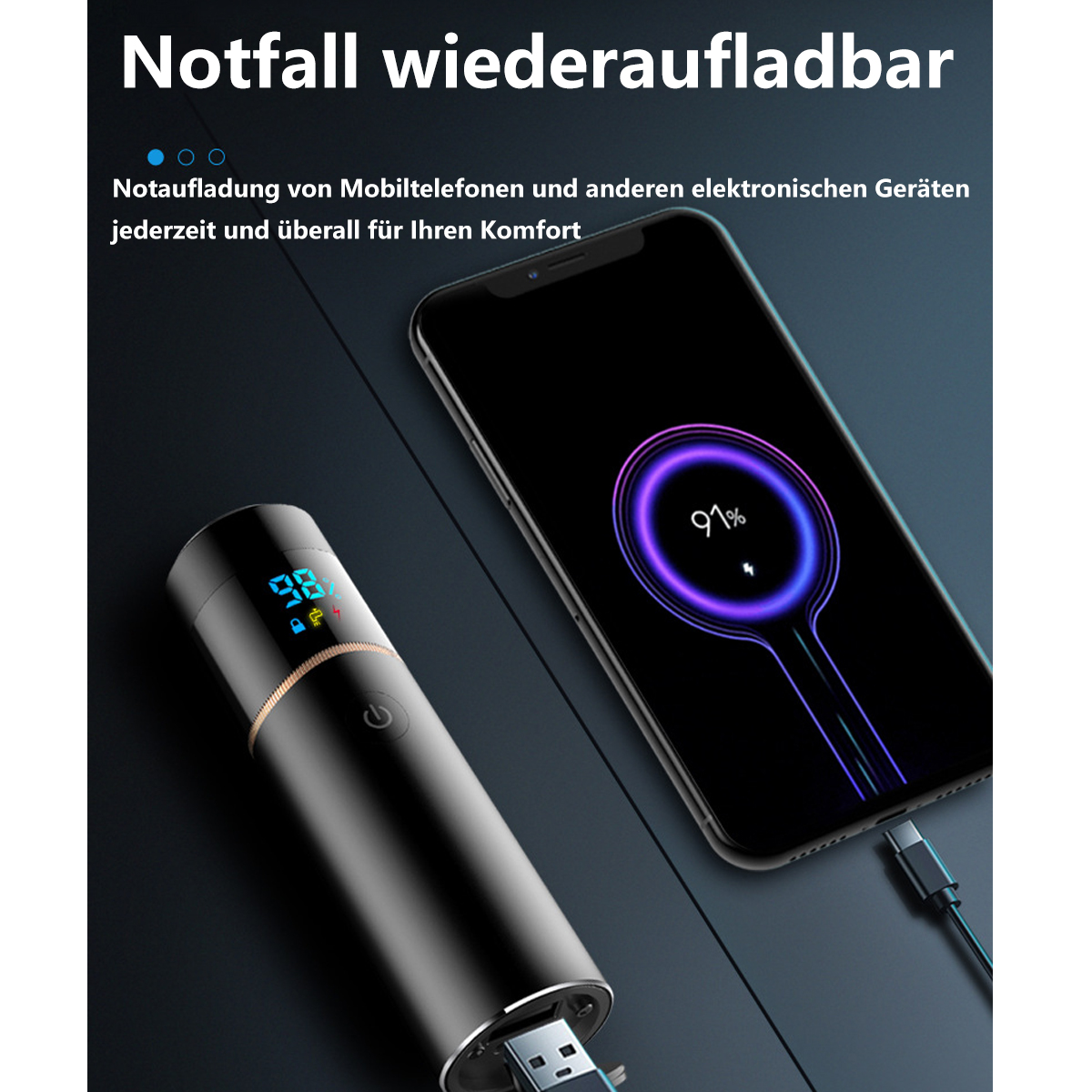 Tragbares Ladegerät lädt ein Telefon, Batteriestand wird angezeigt.