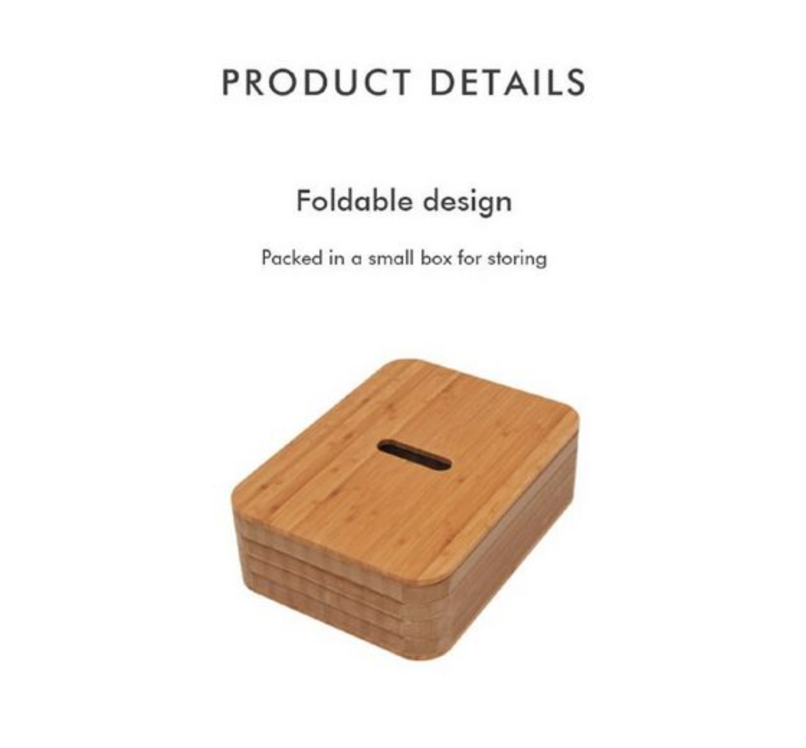 Una pequeña caja de madera con una ranura en la parte superior y algunas capas. Texto DETALLES DEL PRODUCTO en la parte superior.