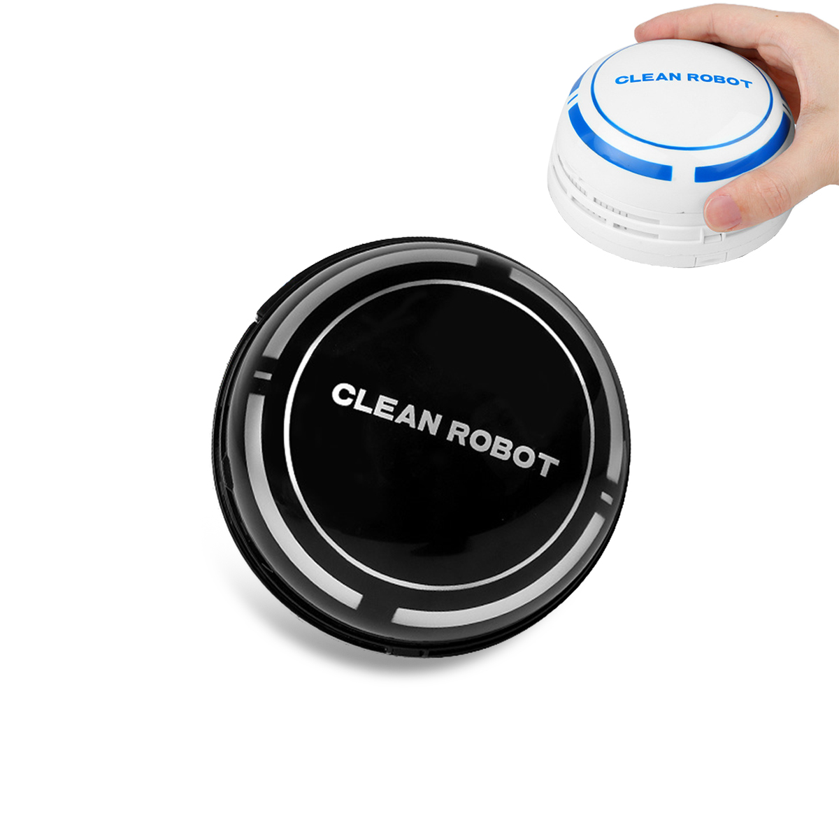 Mały, okrągły, biało-czarny robot sprzątający. Ręka trzyma podobnego. Białe tło.