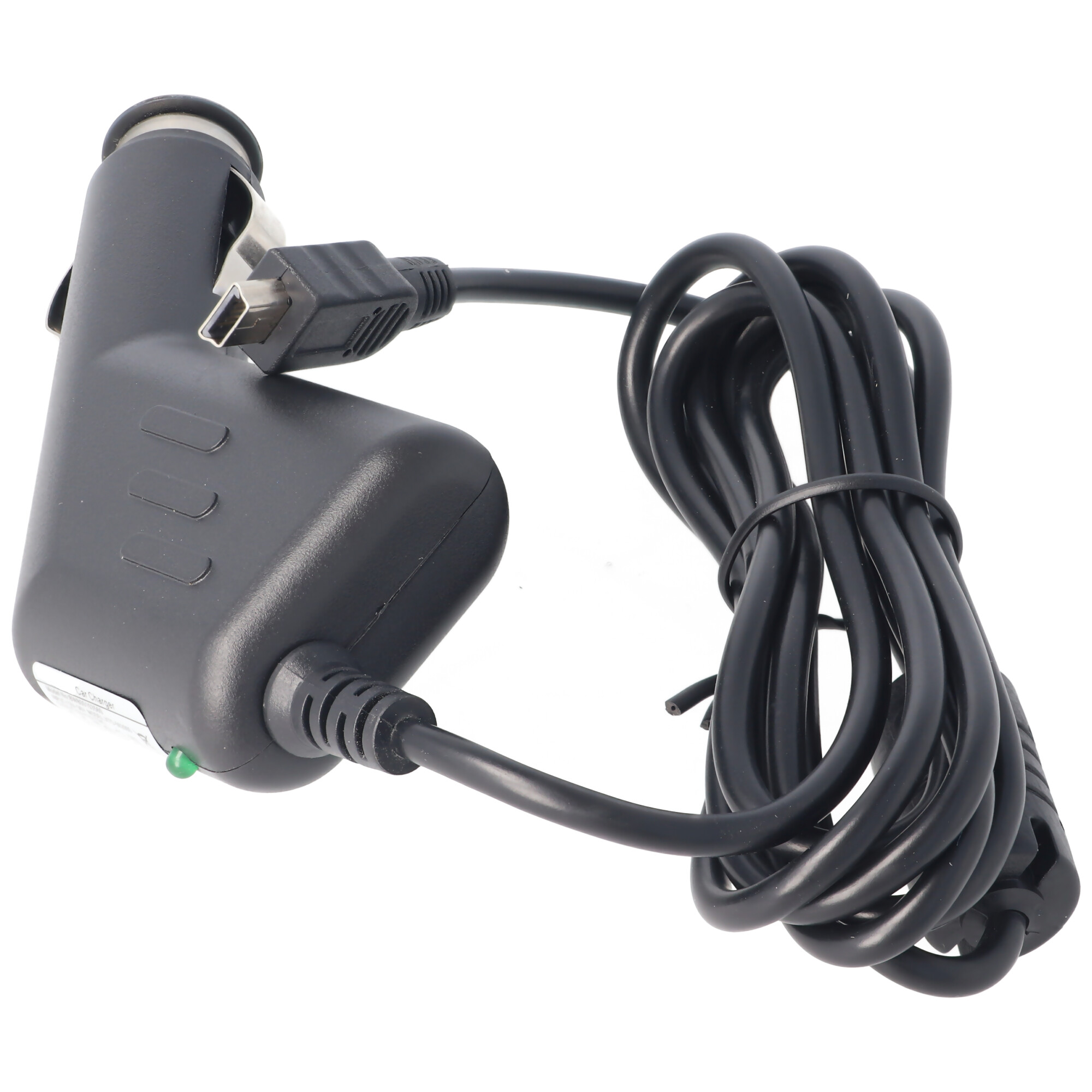 Schwarzes Autoladegerät mit USB-Anschluss und Spiralkabel. Das Ladegerät hat ein grünes Licht.