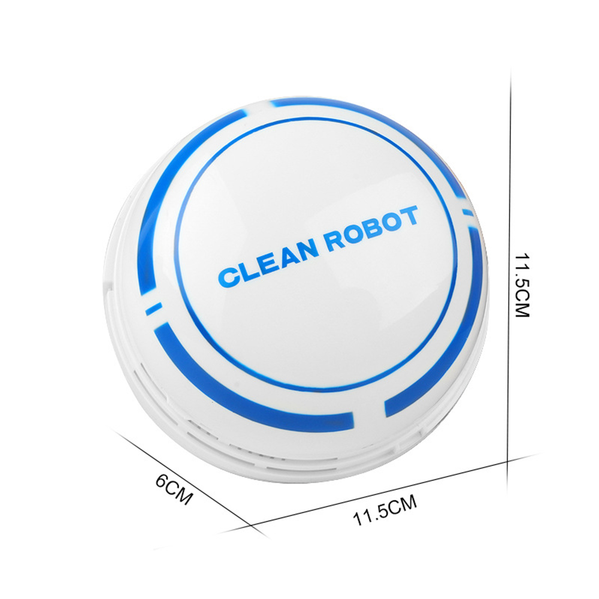 Biały i niebieski robot sprzątający z wymiarami.