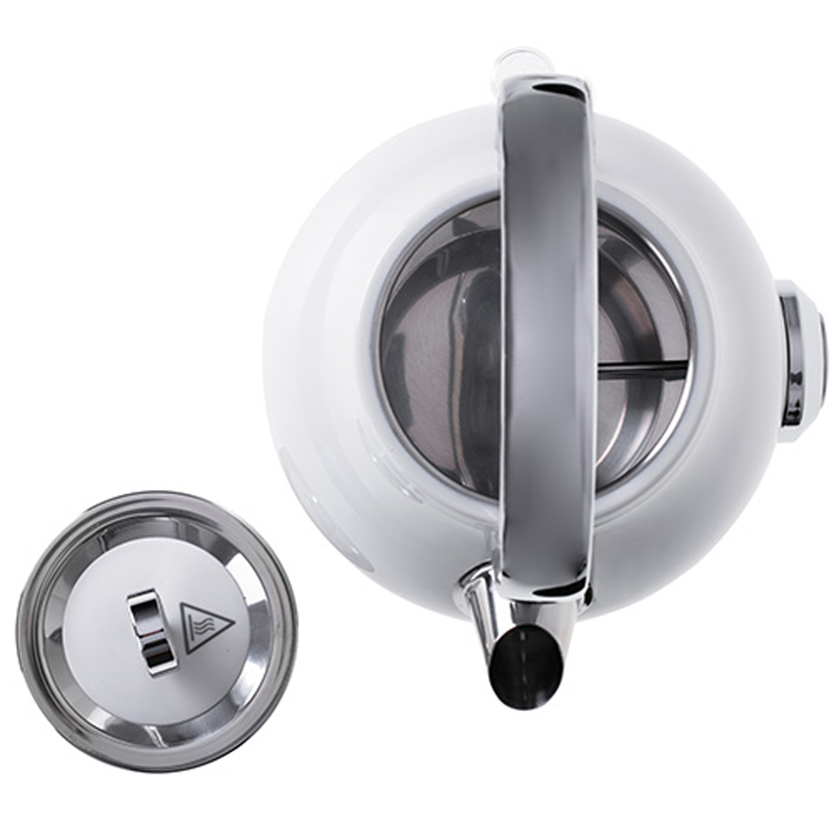 Biały czajnik ze srebrnym uchwytem i srebrną pokrywką, zdjęcie z góry.