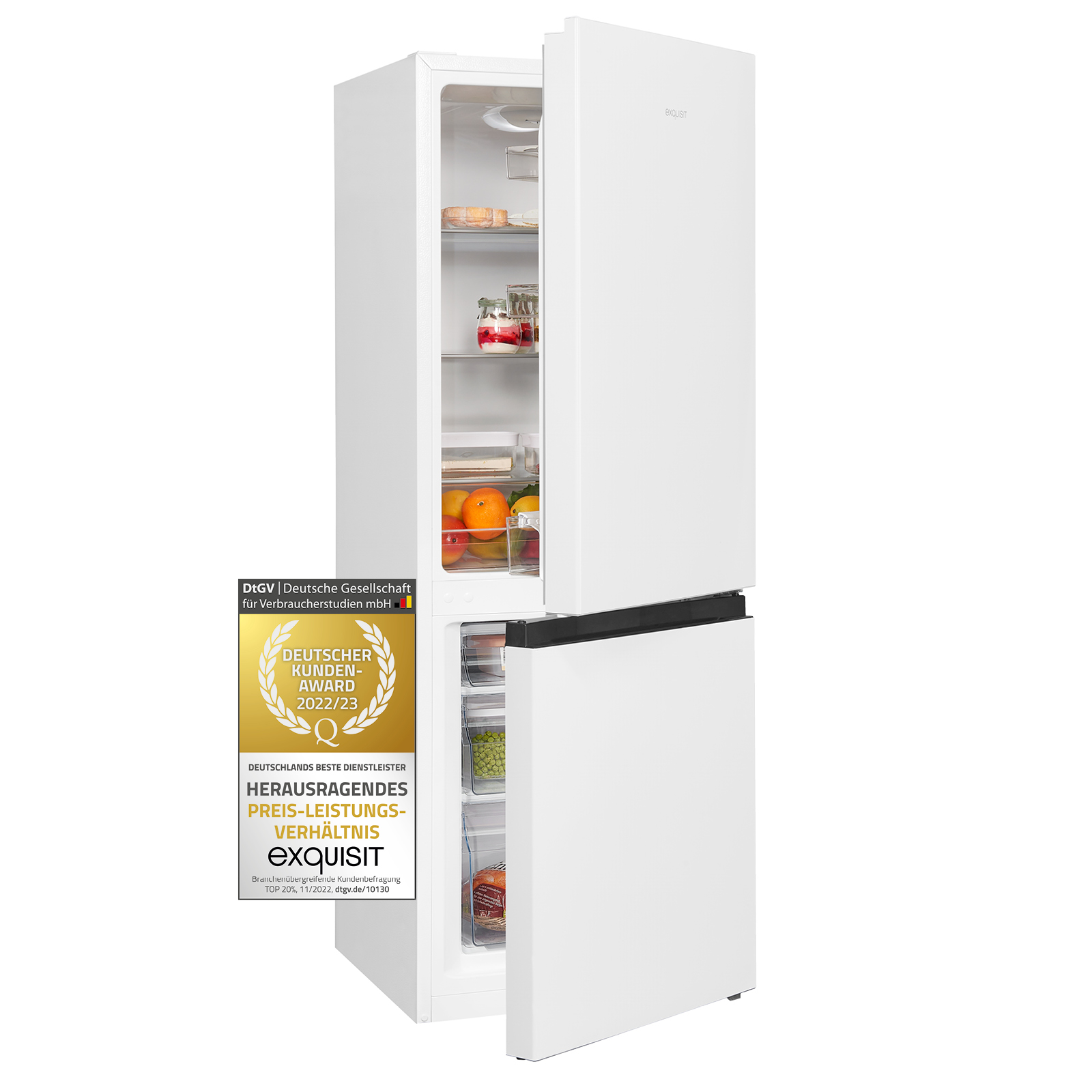 Refrigerador blanco con puertas abiertas, mostrando el interior.