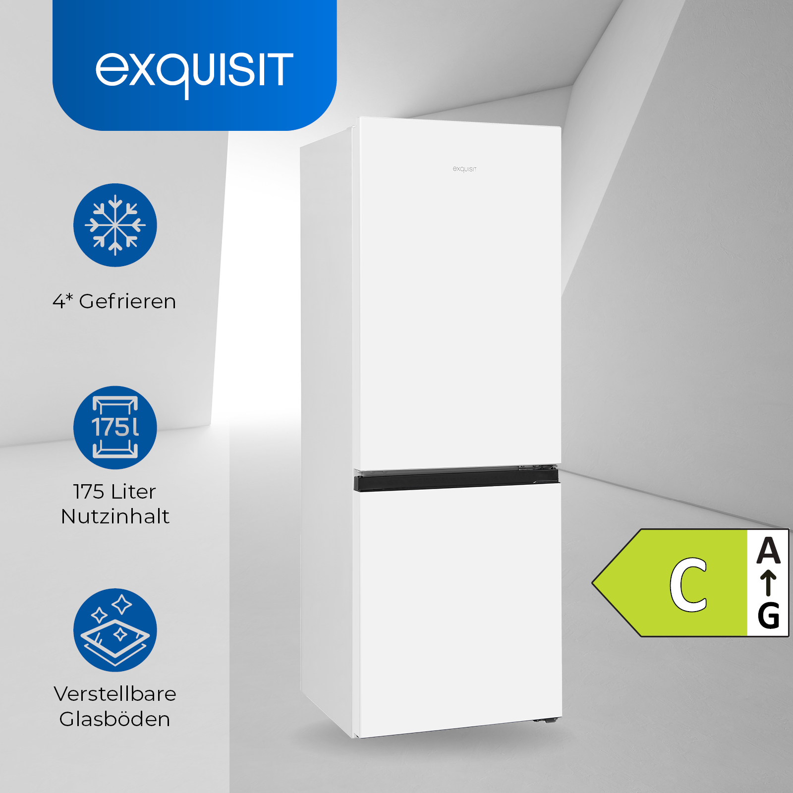 Un refrigerador blanco con congelador abajo, etiqueta energética 'C' y varios iconos.
