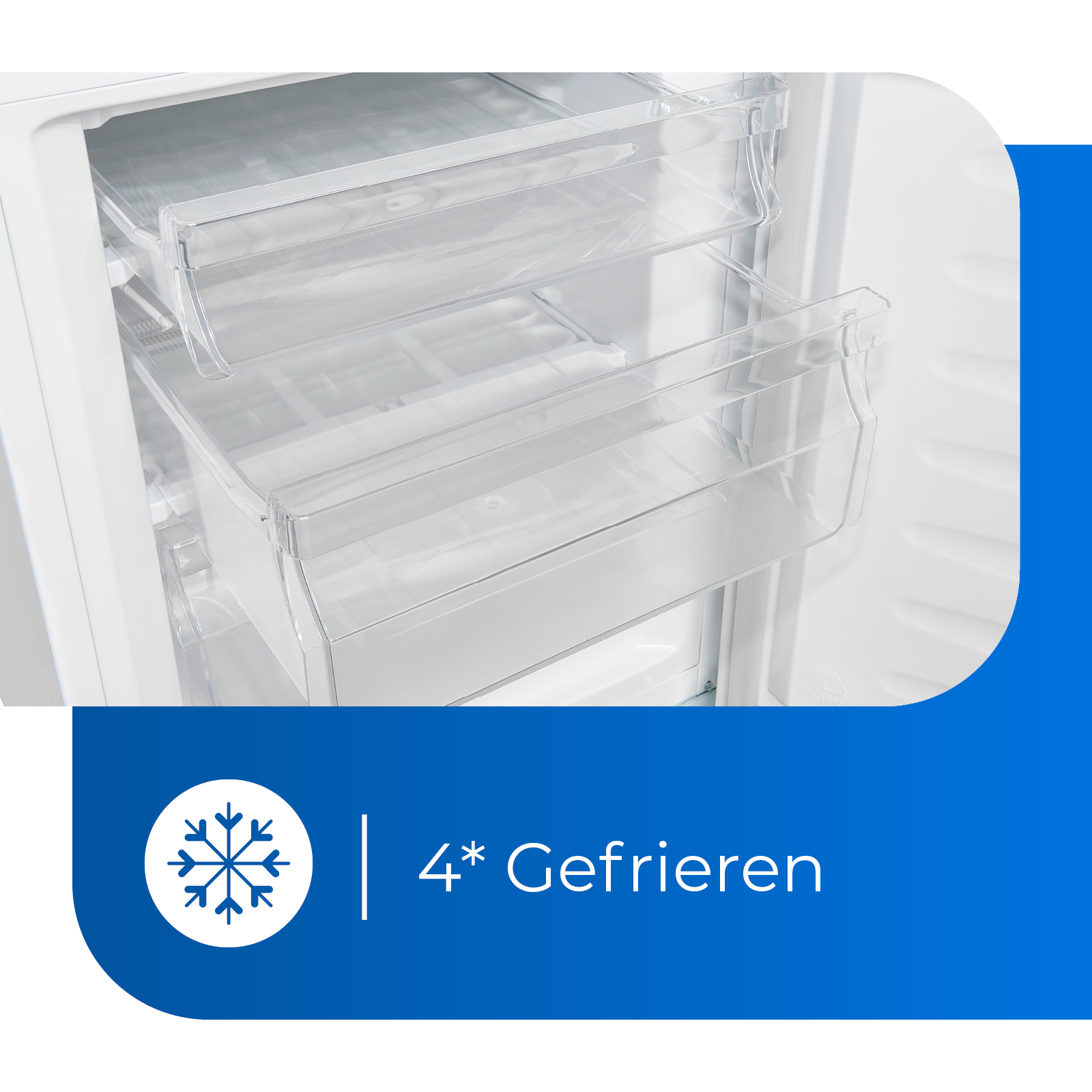 Dentro de un refrigerador con cajones transparentes, etiqueta azul con copos.