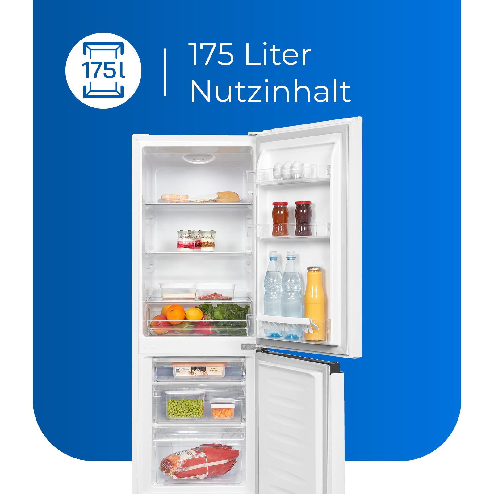 Refrigerador blanco con la puerta abierta, mostrando estantes con alimentos y bebidas. Texto: 175 litros de capacidad útil.