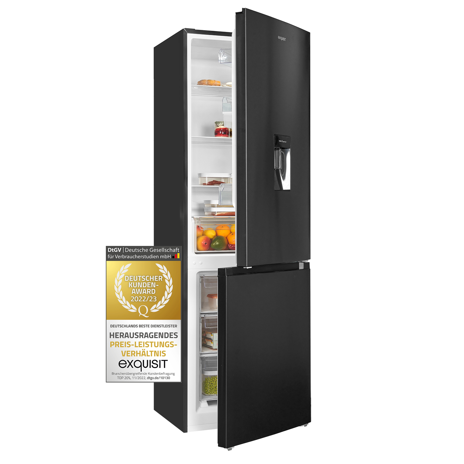 Ein schwarzer Kühlschrank mit offener Tür, die Regale mit Essen und Getränken zeigt.