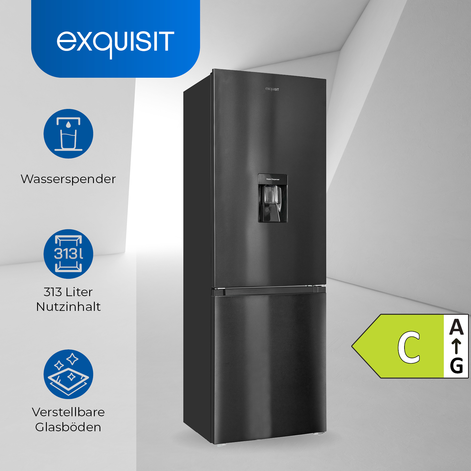 Schwarzer Kühlschrank mit Wasserspender und Energieetikett.