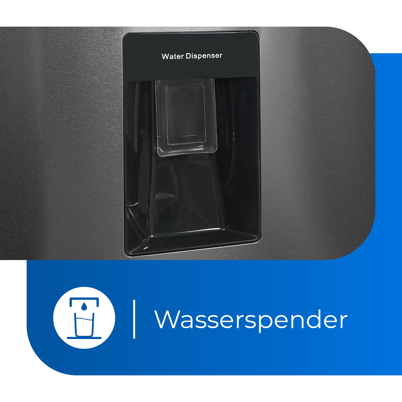Ein dunkler Kühlschrank mit einem Wasserspender an der Tür.