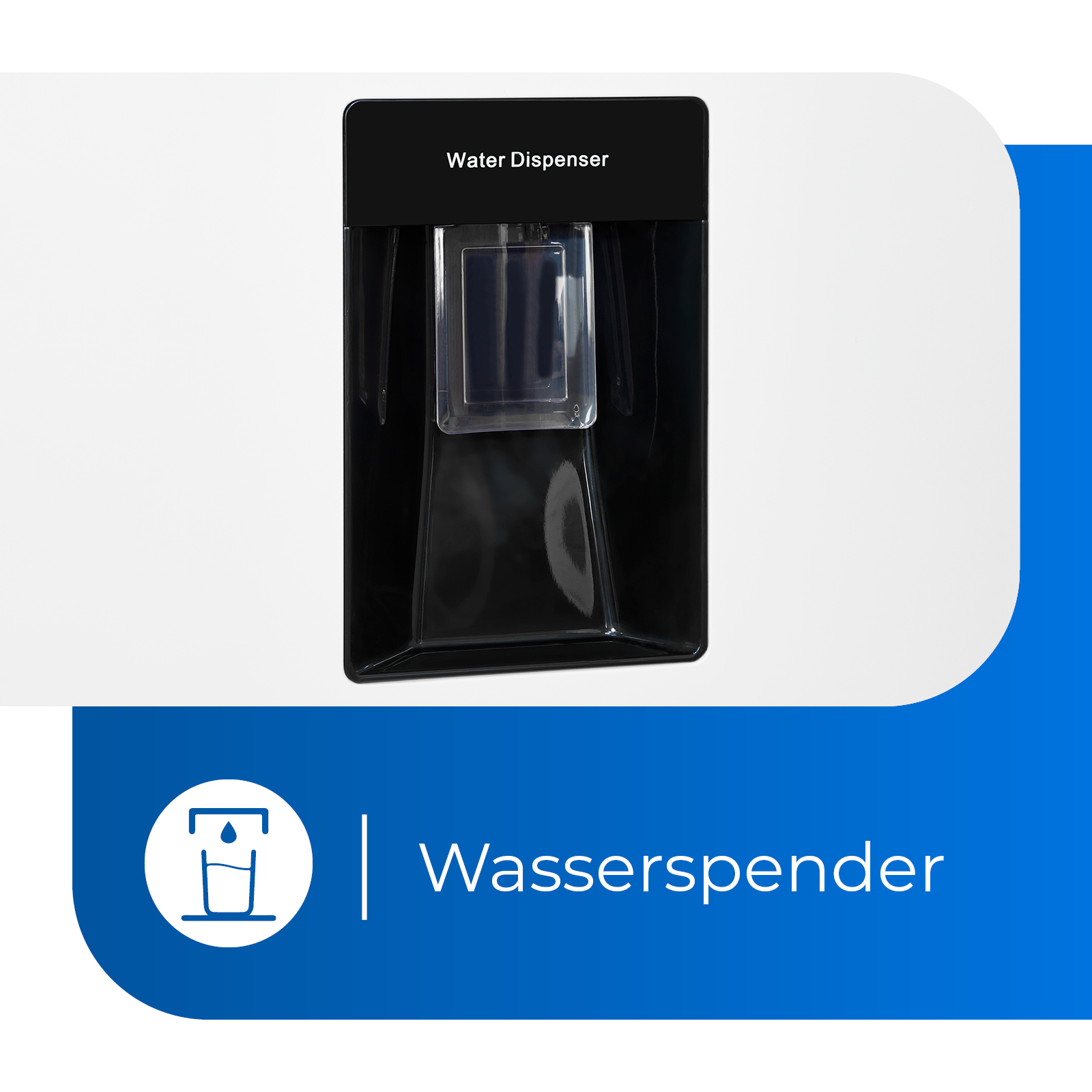 Schwarzer Wasserspender mit Wasserauslass. Weißer und blauer Hintergrund.