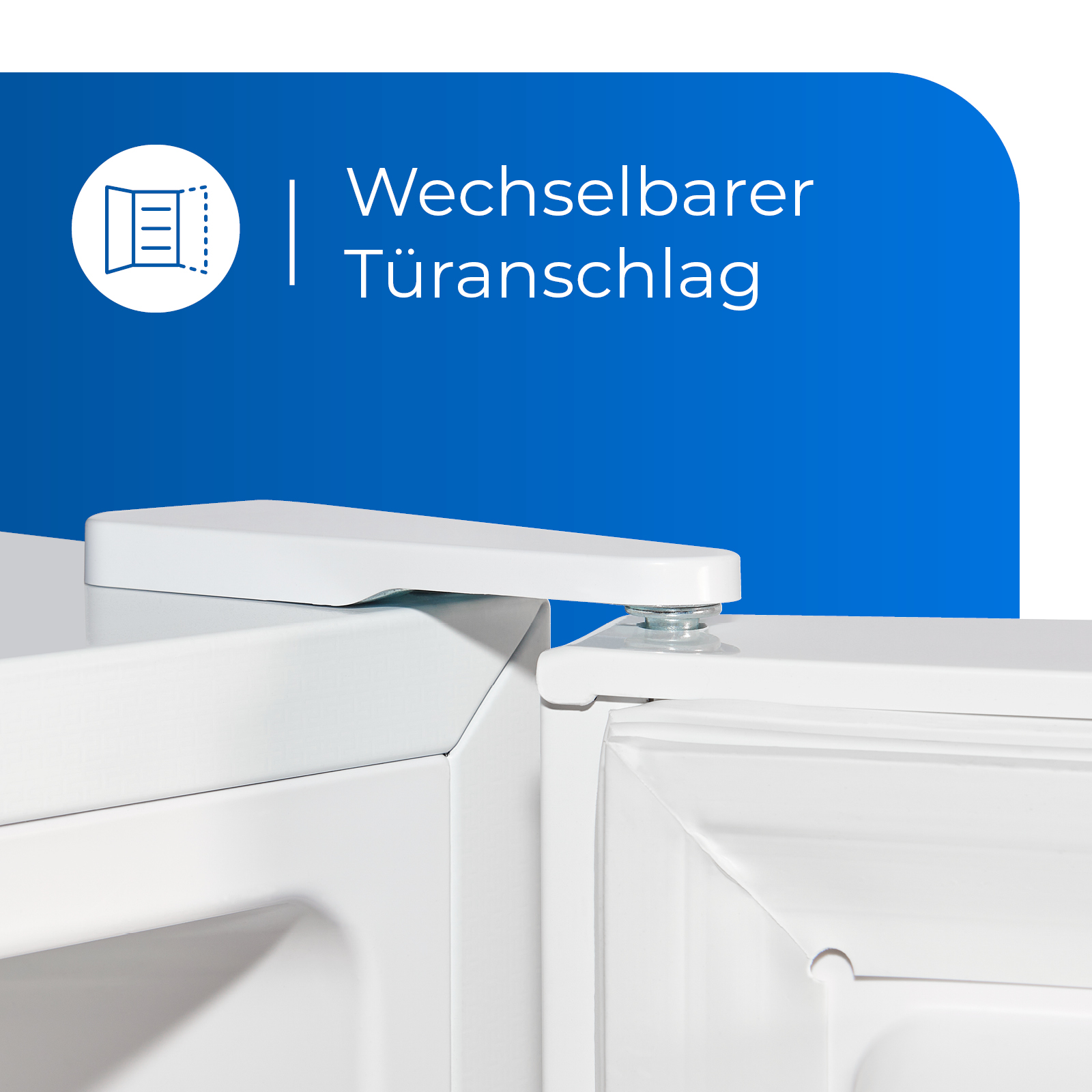 Weiße Kühlschranktür mit Scharnierdetail. Text: 'Wechselbarer Türanschlag'.