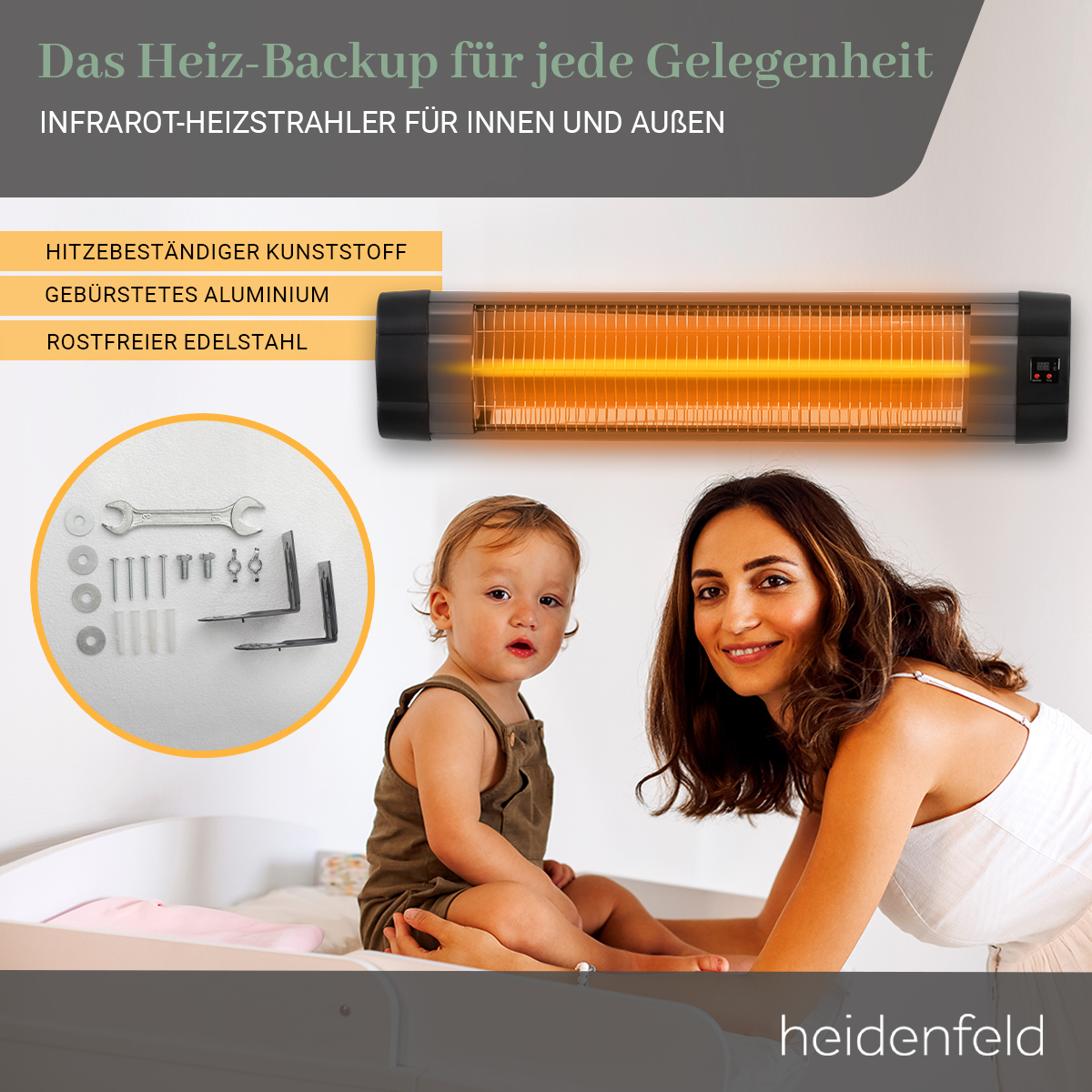 Ein Heizgerät mit einem Kind und einer lächelnden Frau, mit Text und Werkzeugen links.