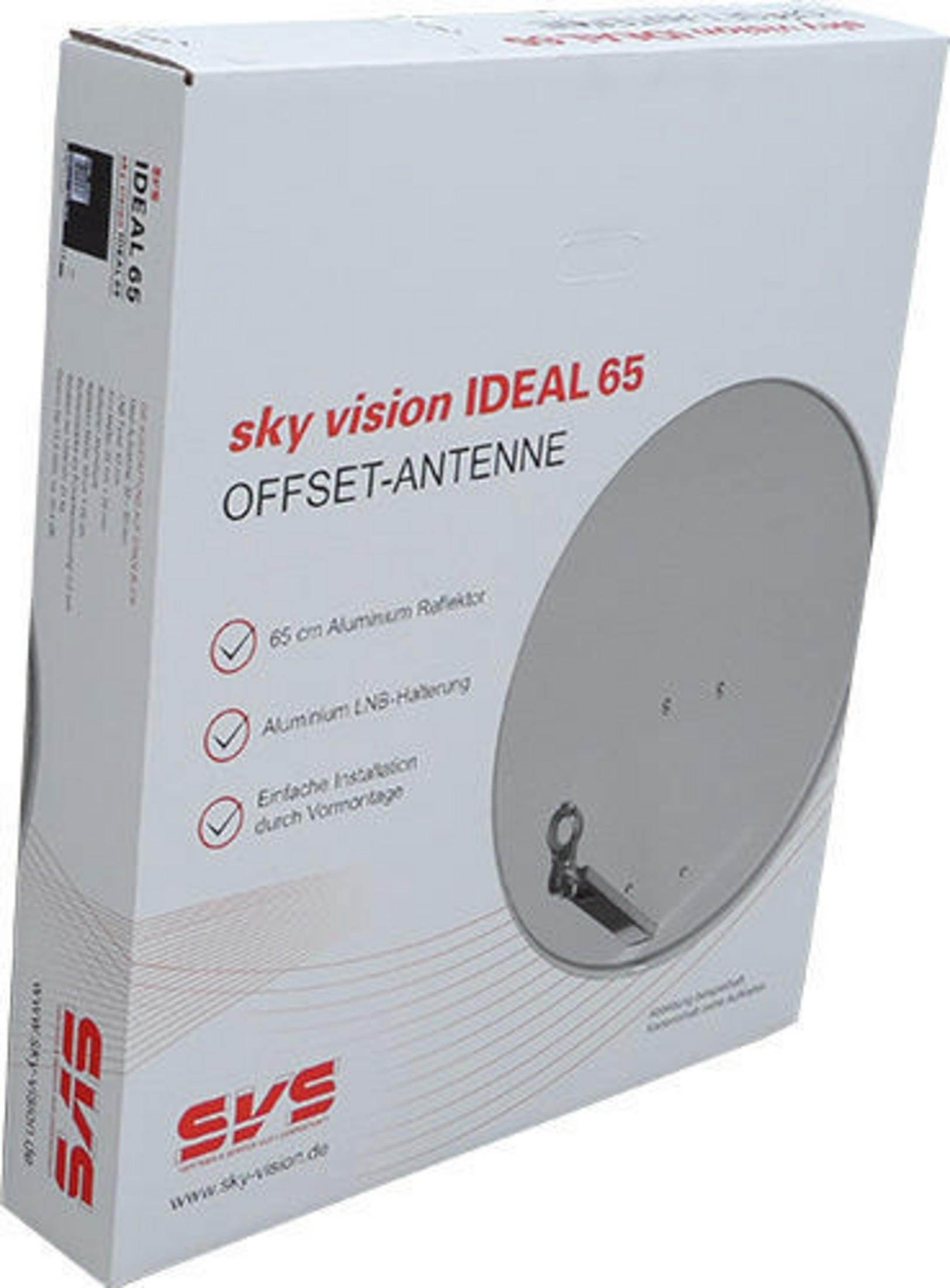 Eine Box mit einem Satellitenschüssel-Bild. Auf der Box steht 'sky vision IDEAL 65'.