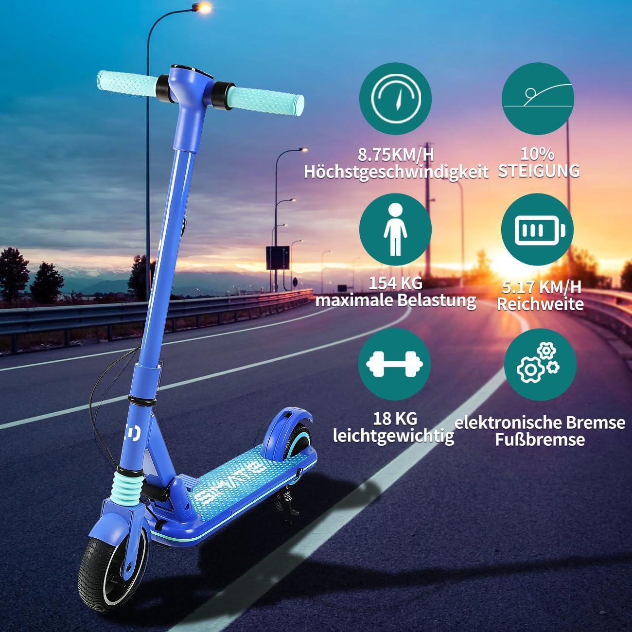 Blauer Elektroroller mit Geschwindigkeits- und Reichweitenanzeige auf einer Straße.