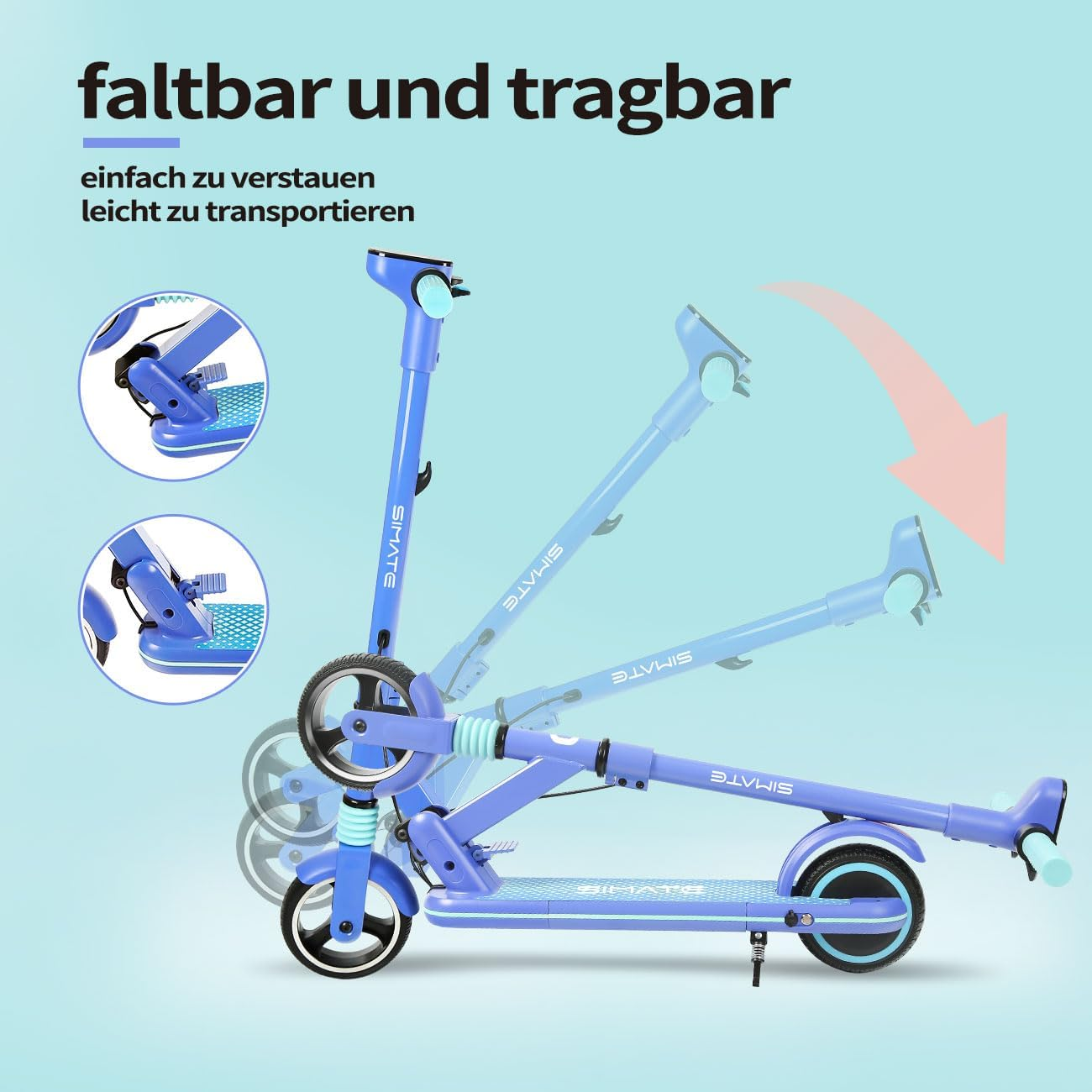 Ein blauer, zusammenklappbarer Roller in verschiedenen Faltstadien, mit Text über Faltbarkeit und Transportierbarkeit.