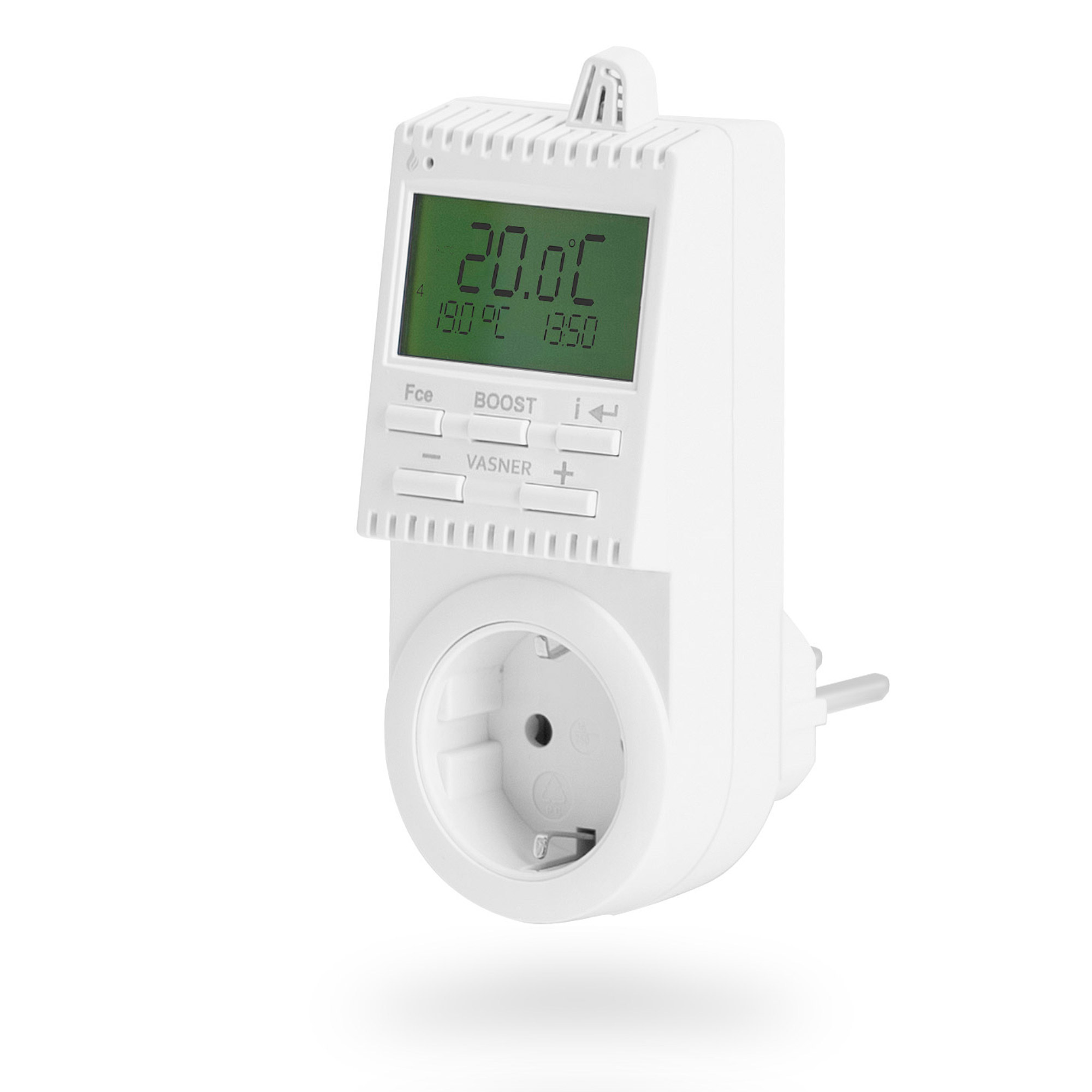 Ein weißes digitales Thermostat mit Stecker, das Temperatur und Steuertasten anzeigt.
