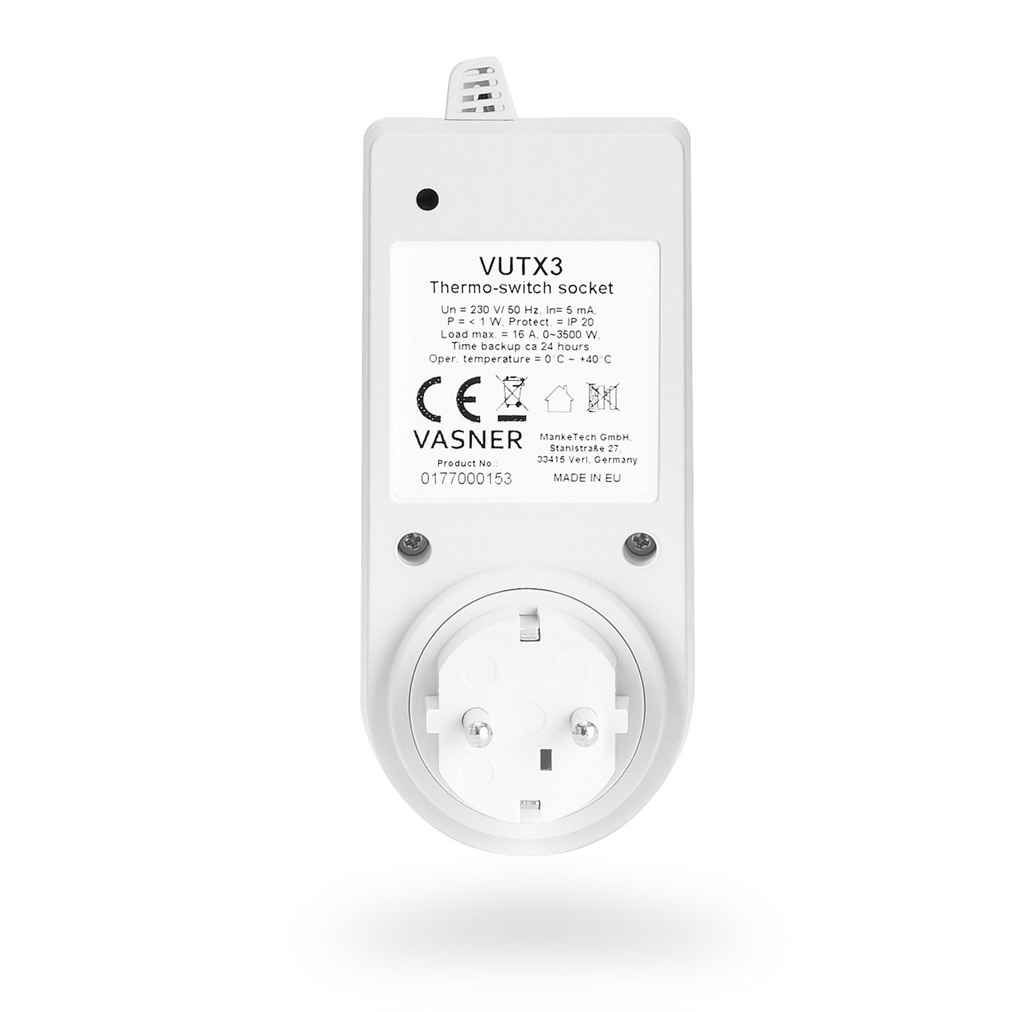 Eine weiße Thermo-Schaltdose. Sie hat einen Stecker und Details zu ihren Spezifikationen sind aufgedruckt.