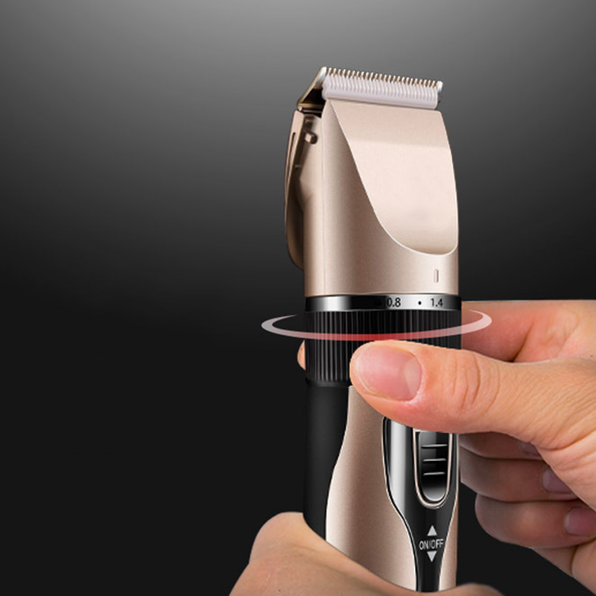 Hand holding gold hair trimmer with a dial to adjust the length.
