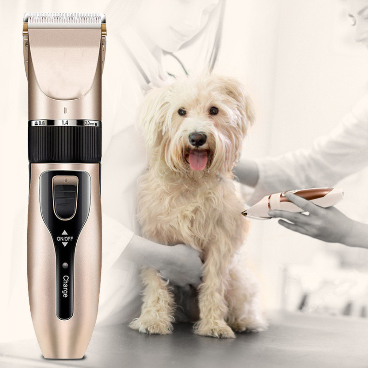 A golden pet hair clipper with a dog being groomed in the background by a person.