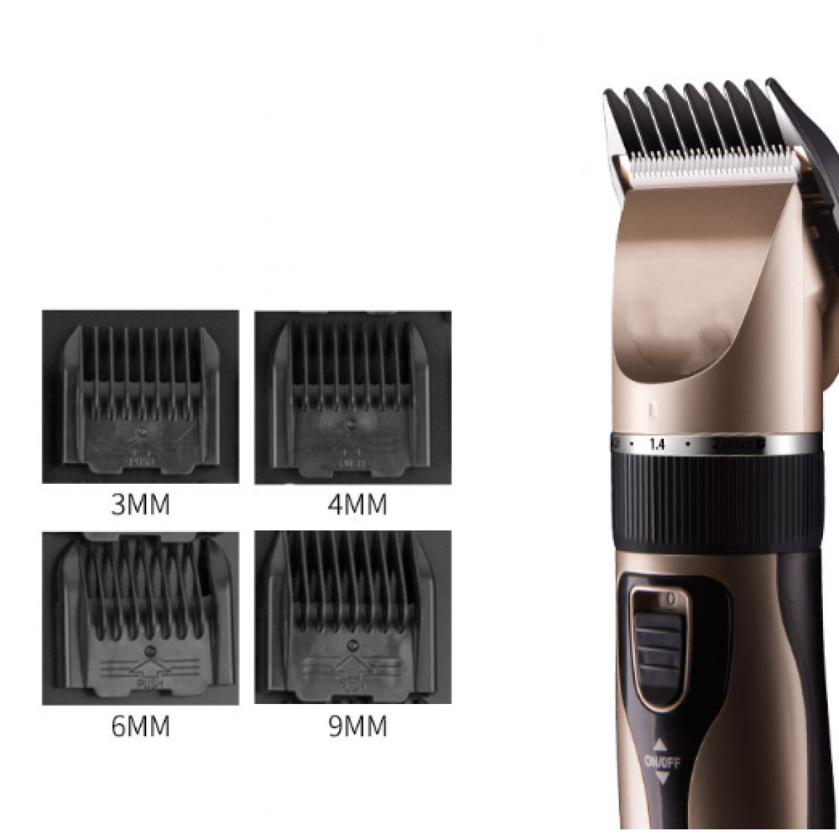 Close-up of hair clippers and four plastic clipper guards, labeled 3mm, 4mm, 6mm, and 9mm.