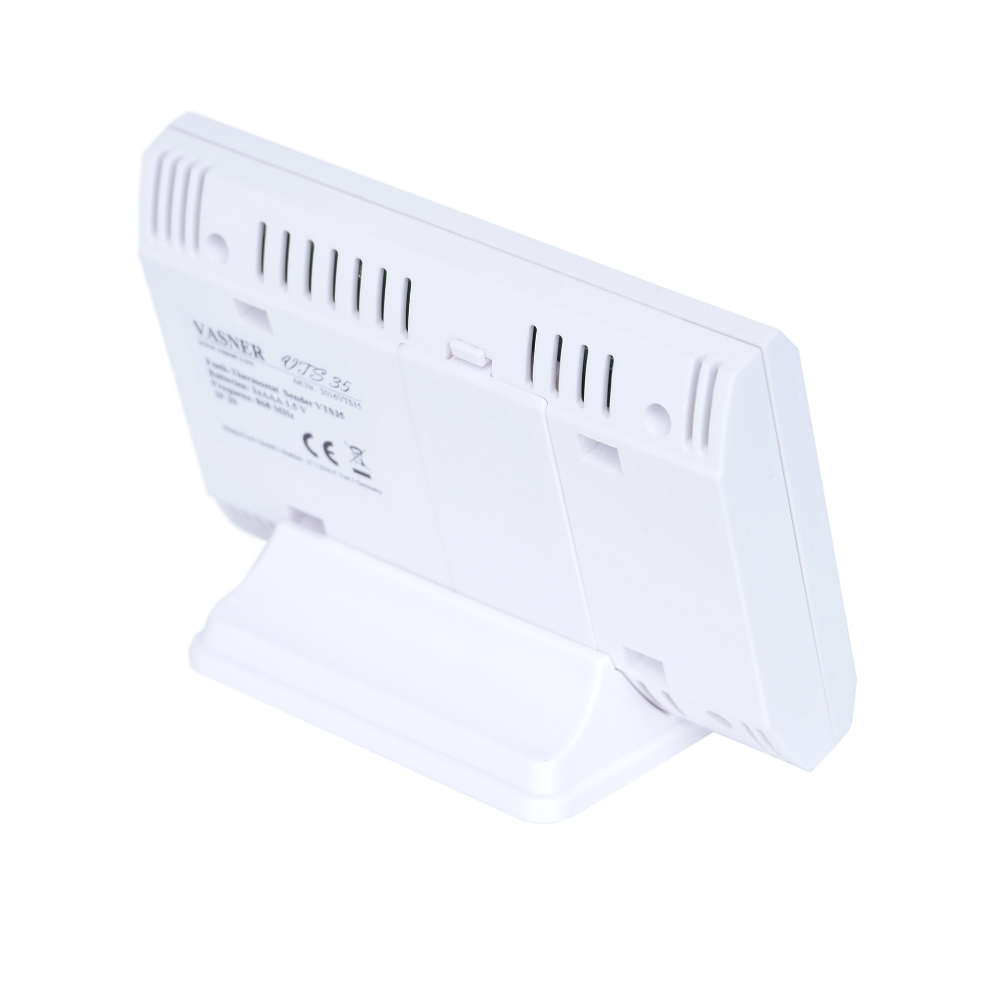 Weißes digitales Thermostat auf einem Ständer, seitlich abgewinkelt. Es hat einen Bildschirm und Lüftungsschlitze auf der Rückseite.