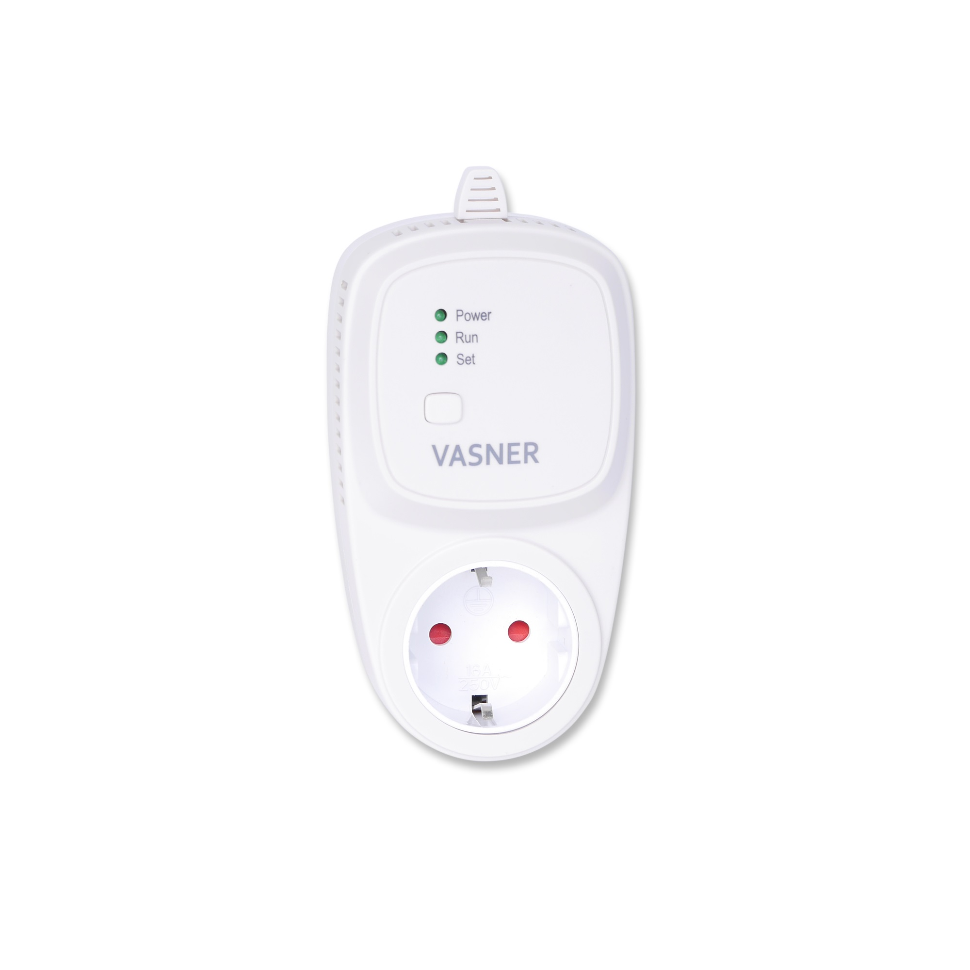 Ein weißer Steckdosenadapter mit drei LED-Anzeigen und dem Markennamen "VASNER".