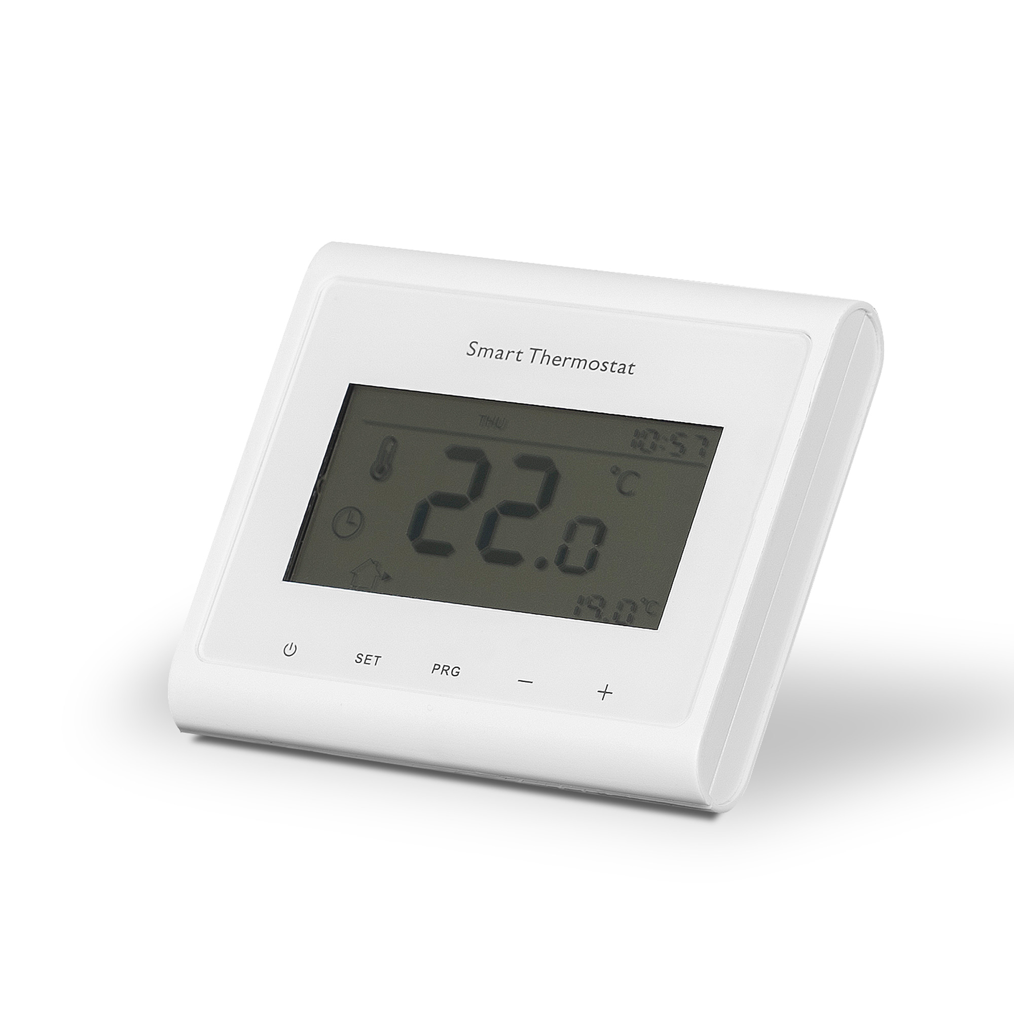 Weißer Smart-Thermostat mit Bildschirm, der die Temperatur anzeigt.