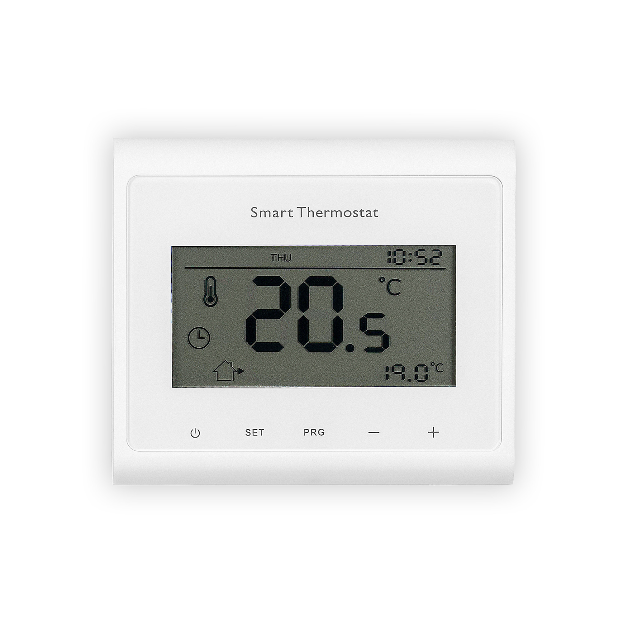 Weißes Smart-Thermostat mit digitaler Anzeige, die Zeit, Temperatur und Einstellungen zeigt.