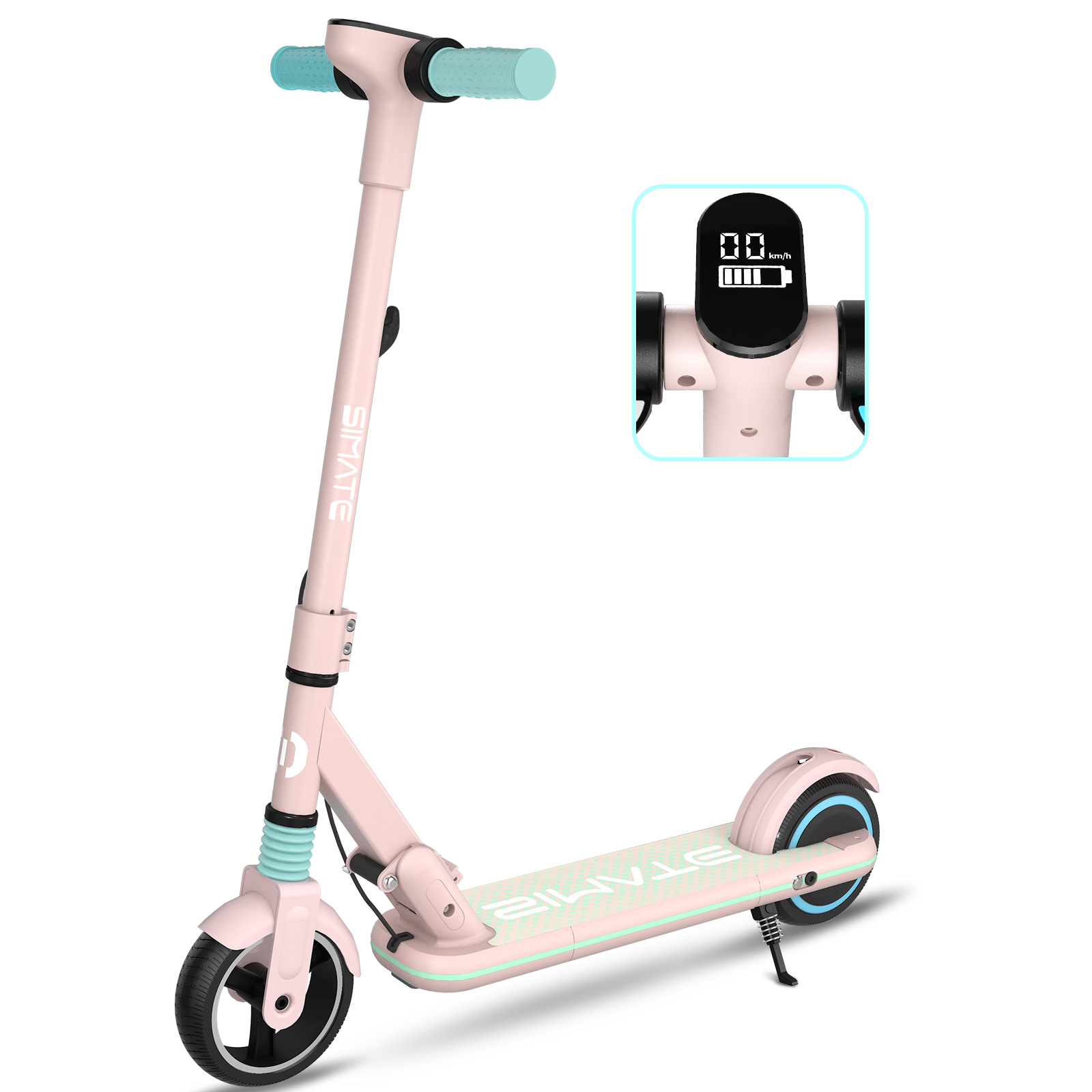 Rosa Roller mit blauen Lenkern, Digitalanzeige und Ständer auf weißem Hintergrund.