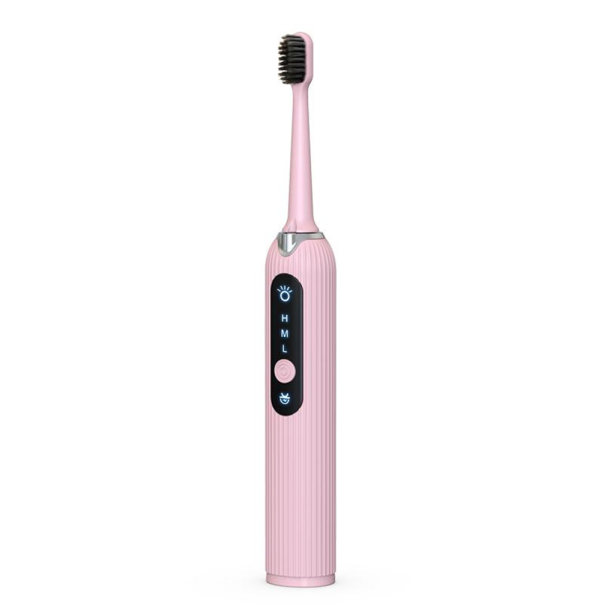 Eine rosa elektrische Zahnbürste mit schwarzem Borstenkopf, mit drei Modi angegeben.
