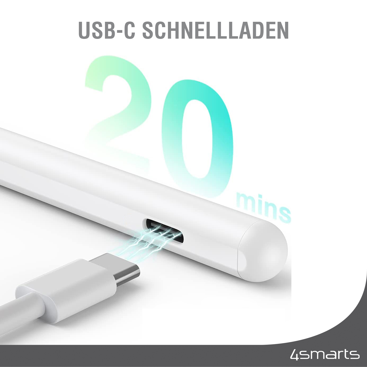Ein weißer Stift wird mit einem USB-C-Kabel geladen. '20 Min.' wird darüber angezeigt.