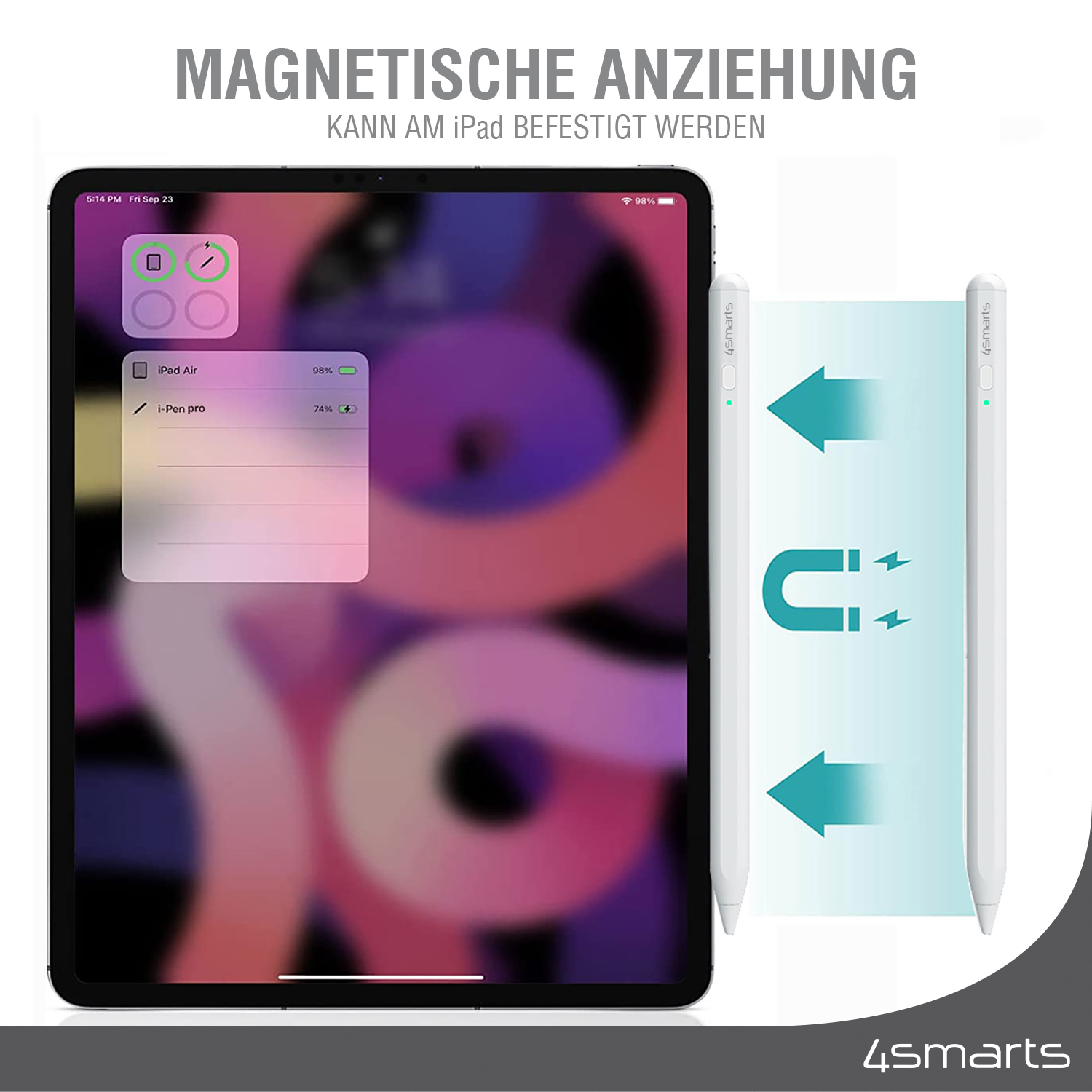 Ein iPad mit Stift und schwebendem Menü. Pfeile veranschaulichen die magnetische Verbindung.