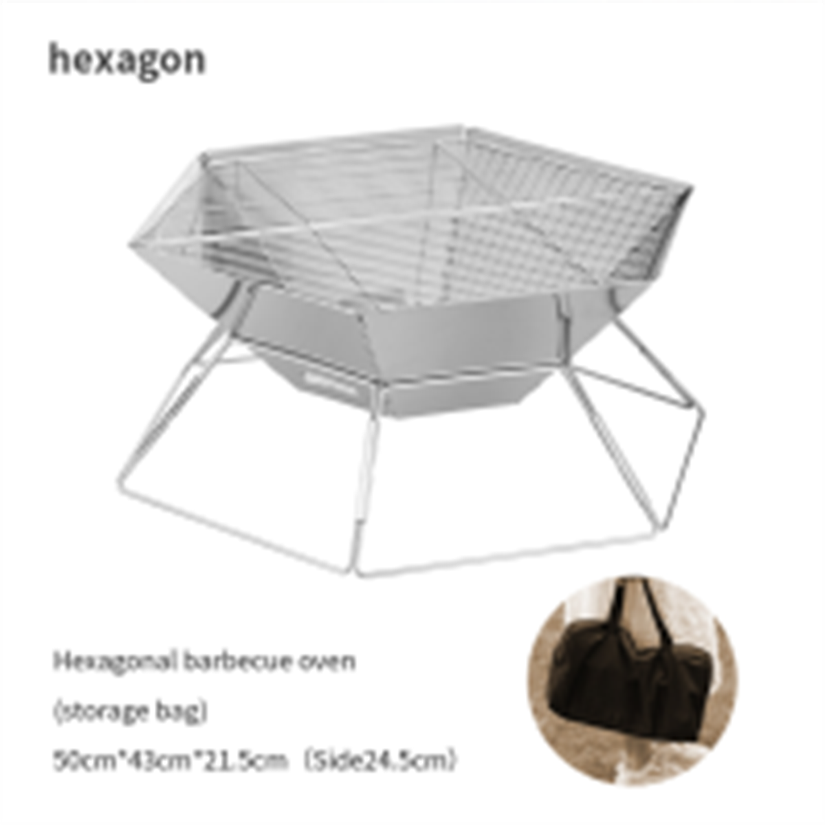 Ein sechseckiger Grillofen mit einer Aufbewahrungstasche. Der Text lautet 'Hexagonal barbecue oven'.