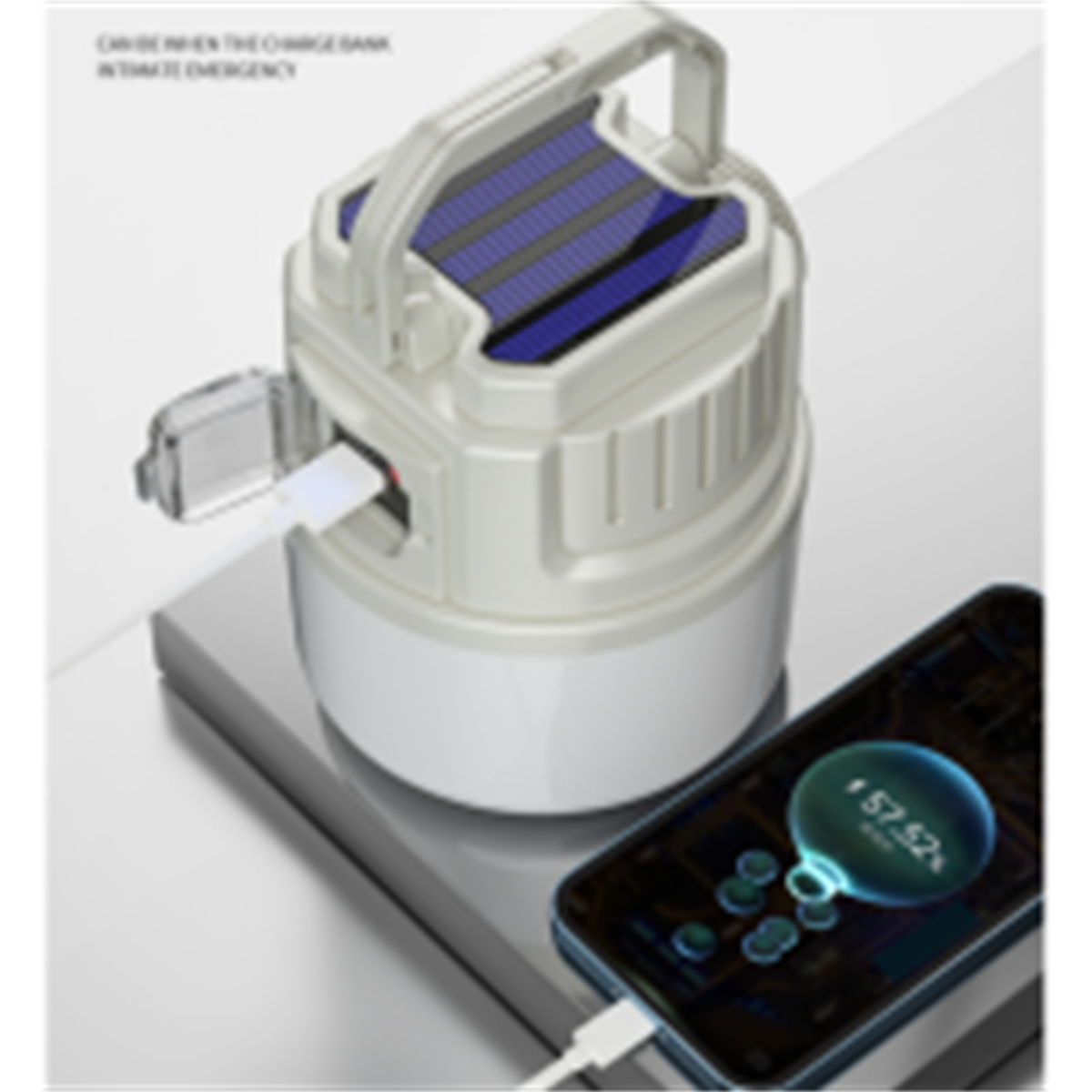Weiße und blaue Solar-Laterne mit ladendem Telefon und USB-Kabel.