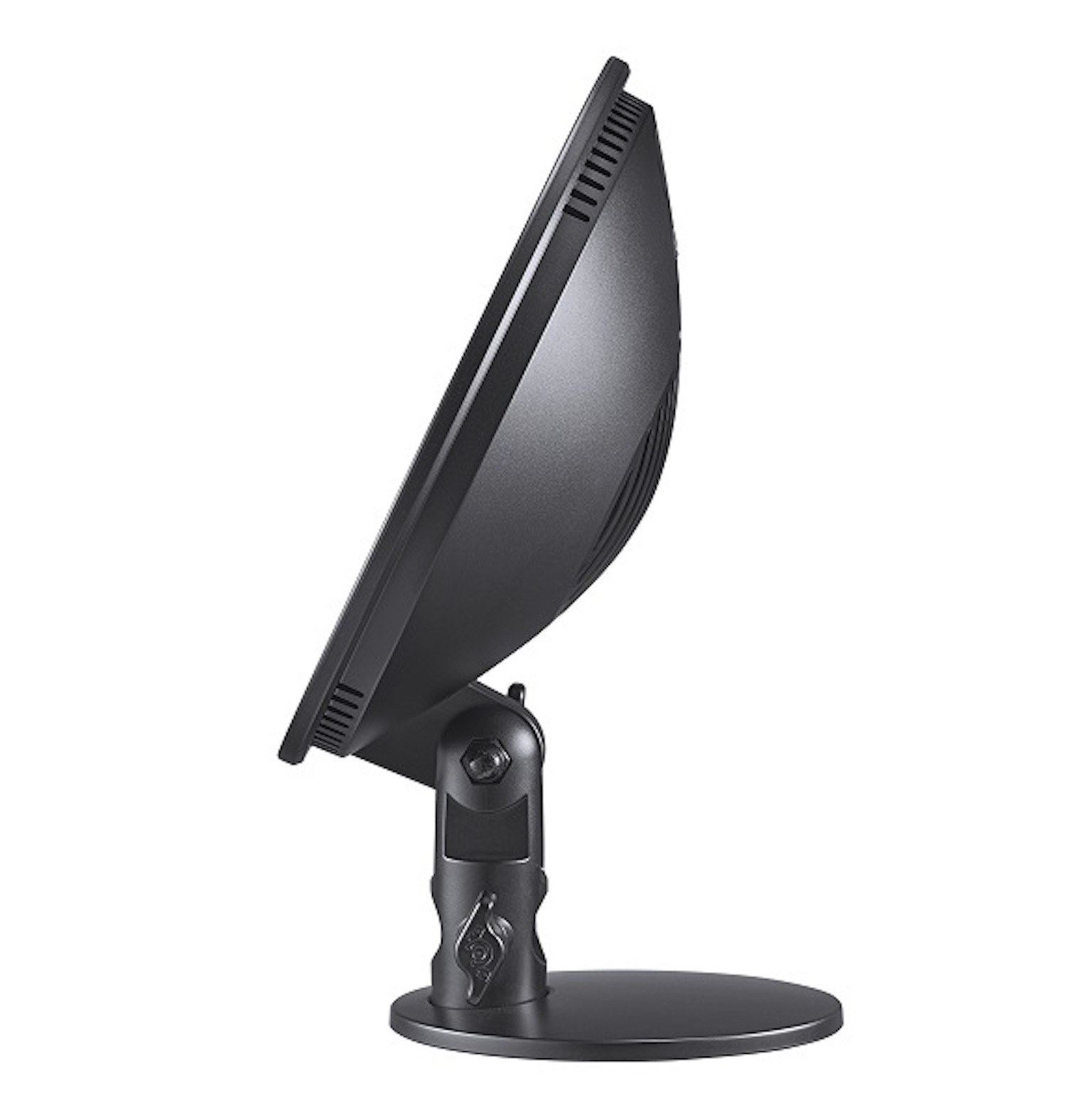 Moniteur d'ordinateur noir, vue latérale, sur un support. Fond blanc.
