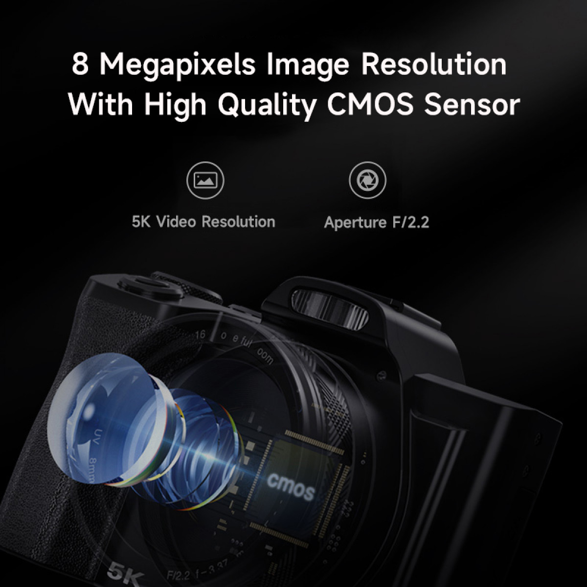 Zbliżenie obiektywu aparatu z czujnikiem CMOS i rozdzielczością wideo 5K.