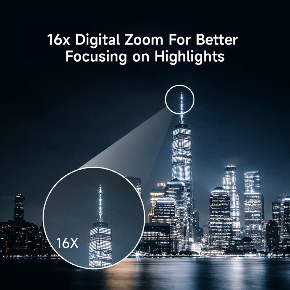 Panorama miasta z wieżowcem, zoom 16x. Nocna scena z odbiciem w wodzie.