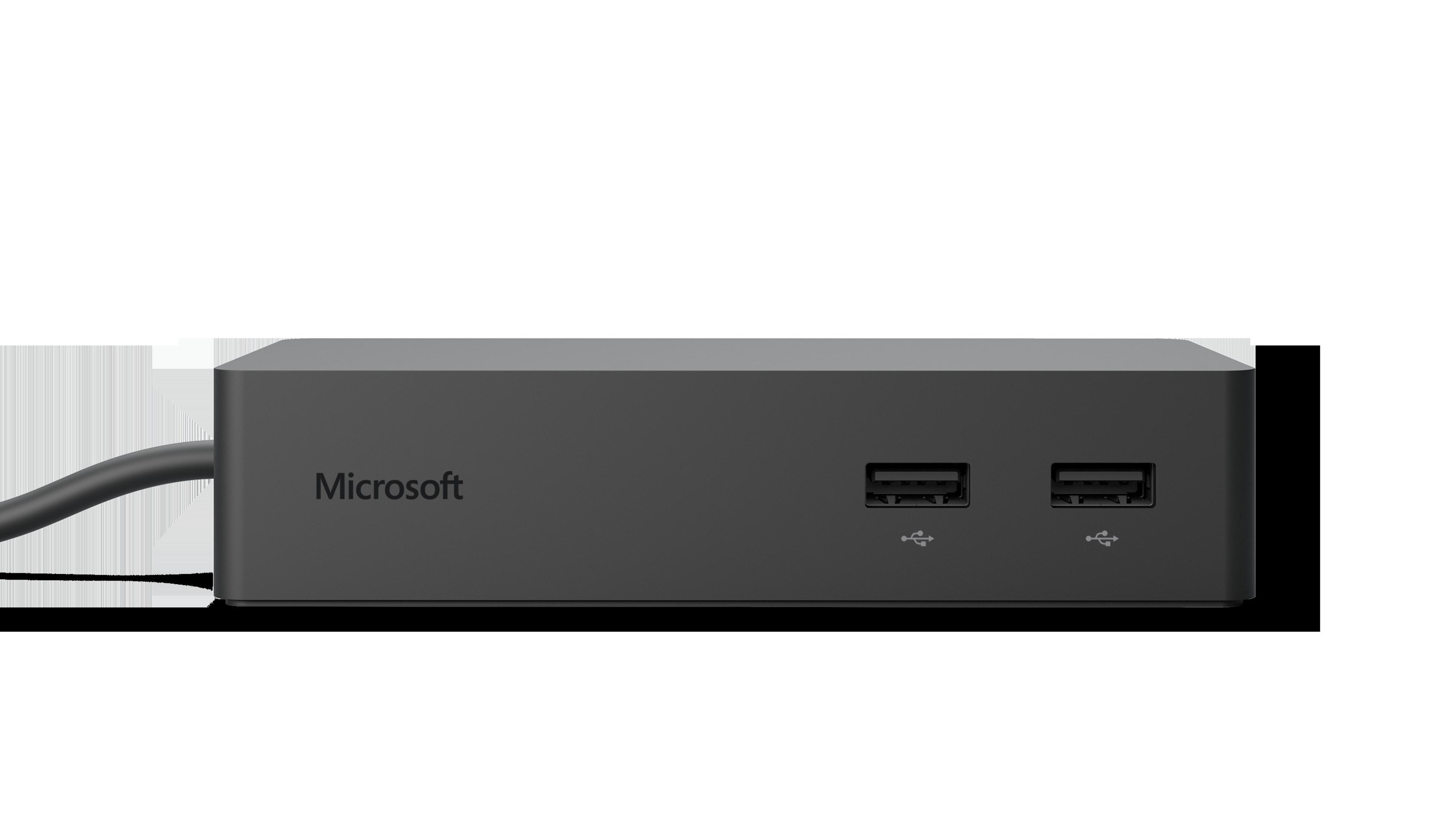 Schwarze Microsoft Dockingstation mit USB-Anschlüssen und dem Microsoft-Logo.