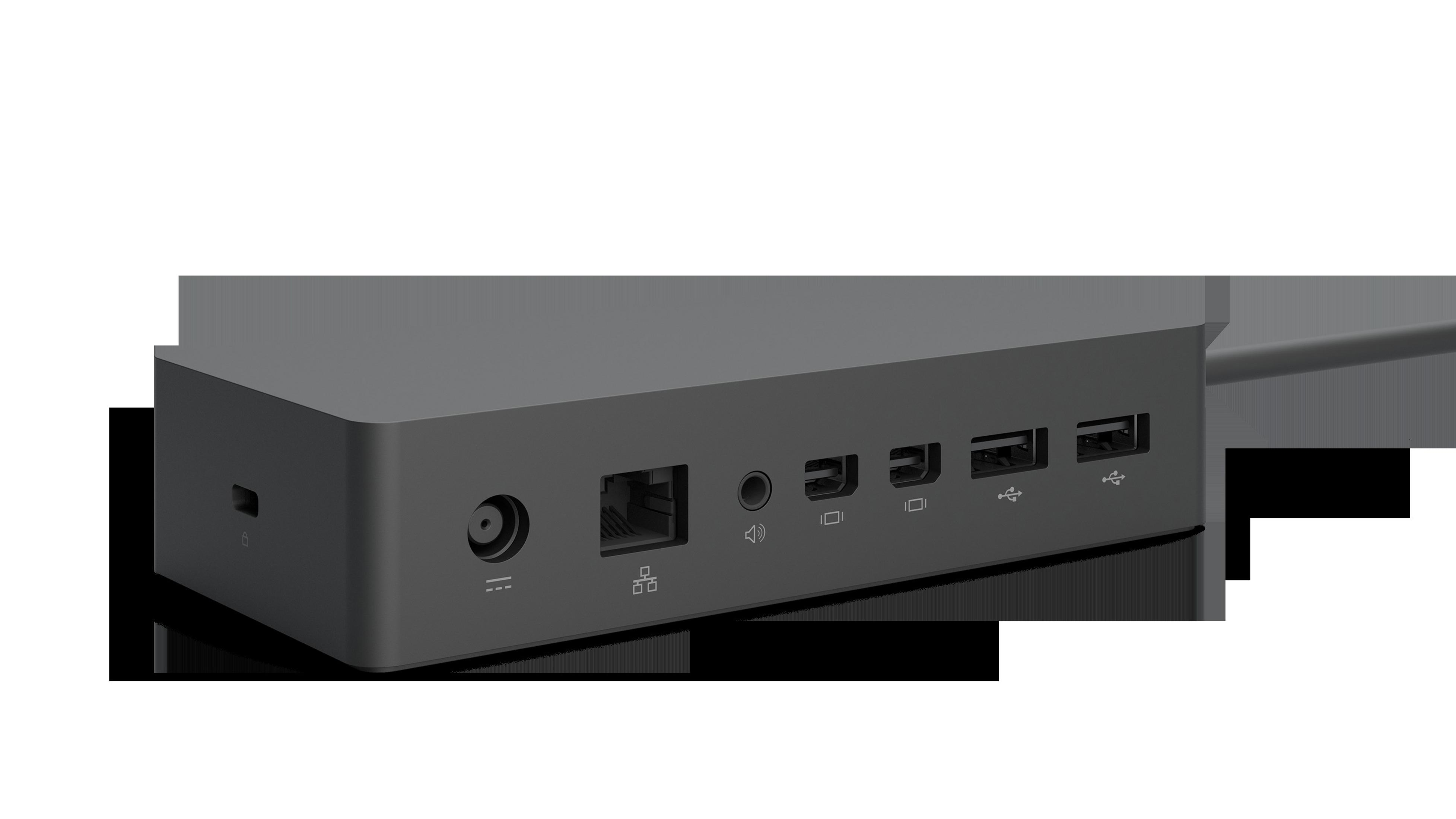Schwarzes Gerät mit Anschlüssen: Strom, Ethernet, Audio, USB und mehr. Weißer Hintergrund. Seitenansicht.