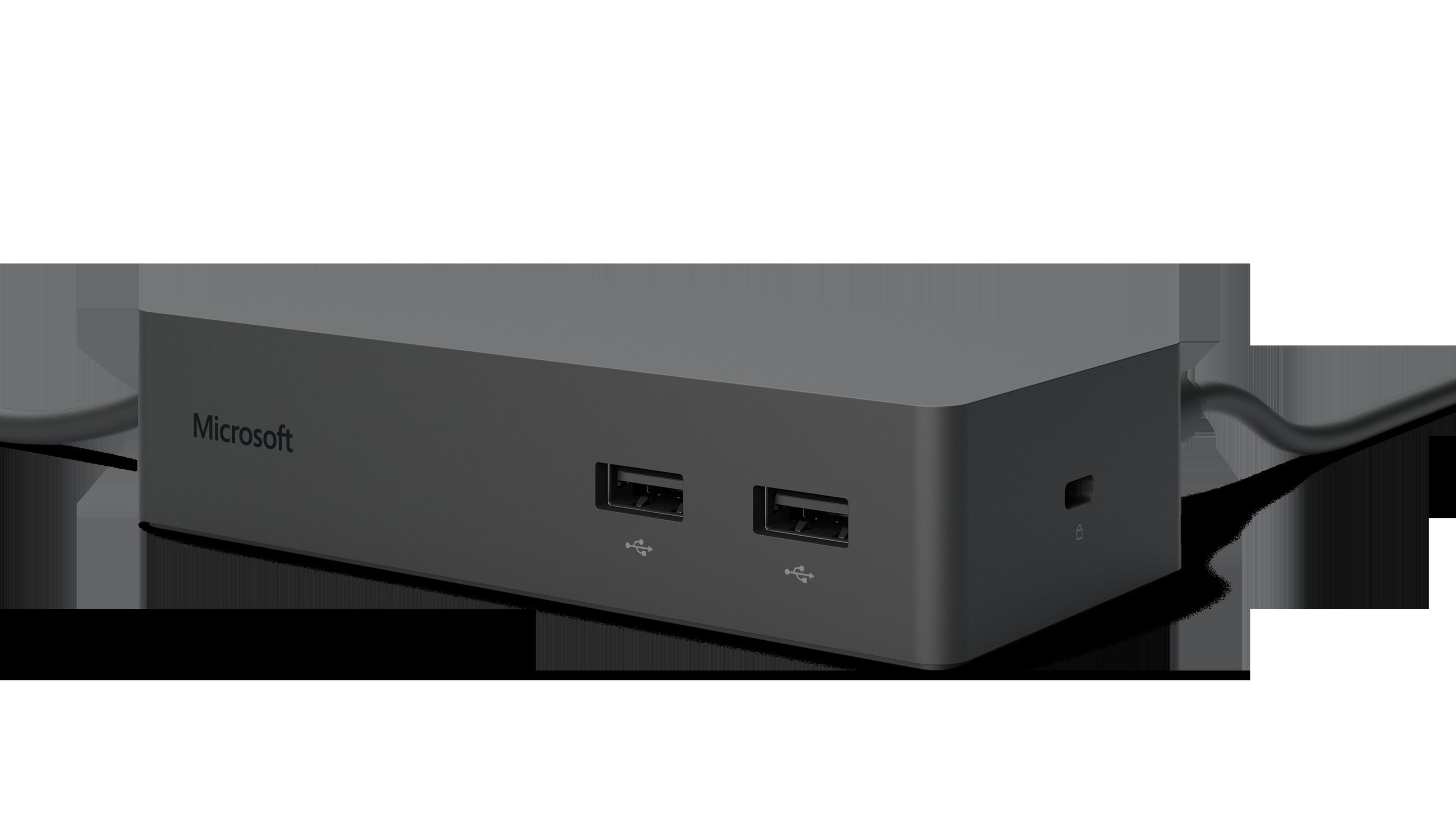 Ein dunkelgraues Microsoft Surface Dock mit zwei USB-Anschlüssen und einem Stromanschluss.