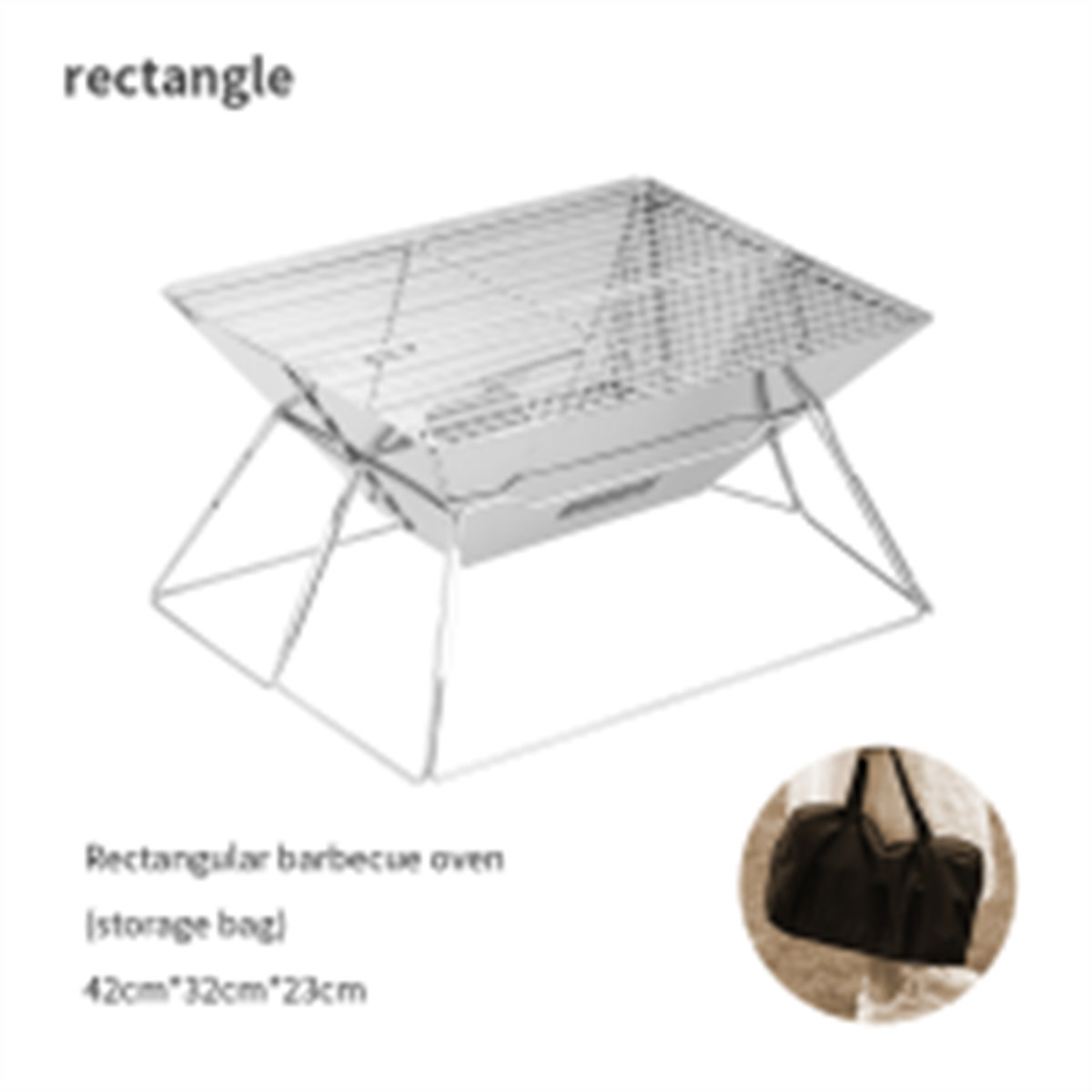 Ein rechteckiger Grill mit einer Aufbewahrungstasche. Es ist aus Metall gefertigt.