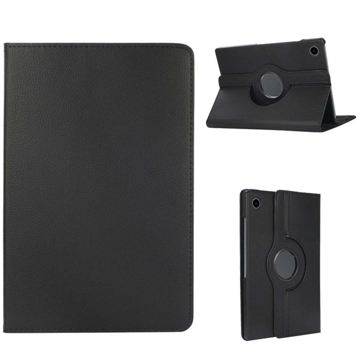 Eine schwarze Tablet-Hülle in drei Ansichten: geschlossen, als Ständer geöffnet und gefaltet.