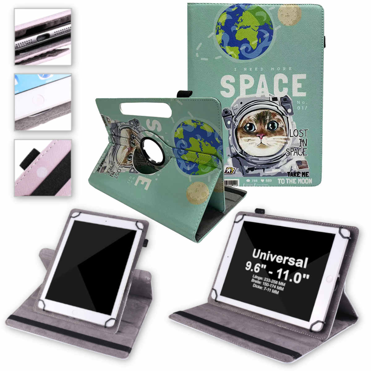 Tablet-Hülle mit Weltraum-Motiv, Katze als Astronaut, Planeten und Sterne. Mehrere Ansichten gezeigt.