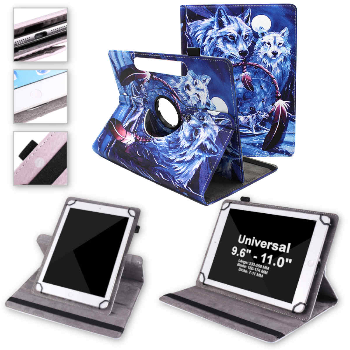 Tablet mit Wolf-Design-Hülle. Hüllen mit verschiedenen Winkeln und Tablet sichtbar.