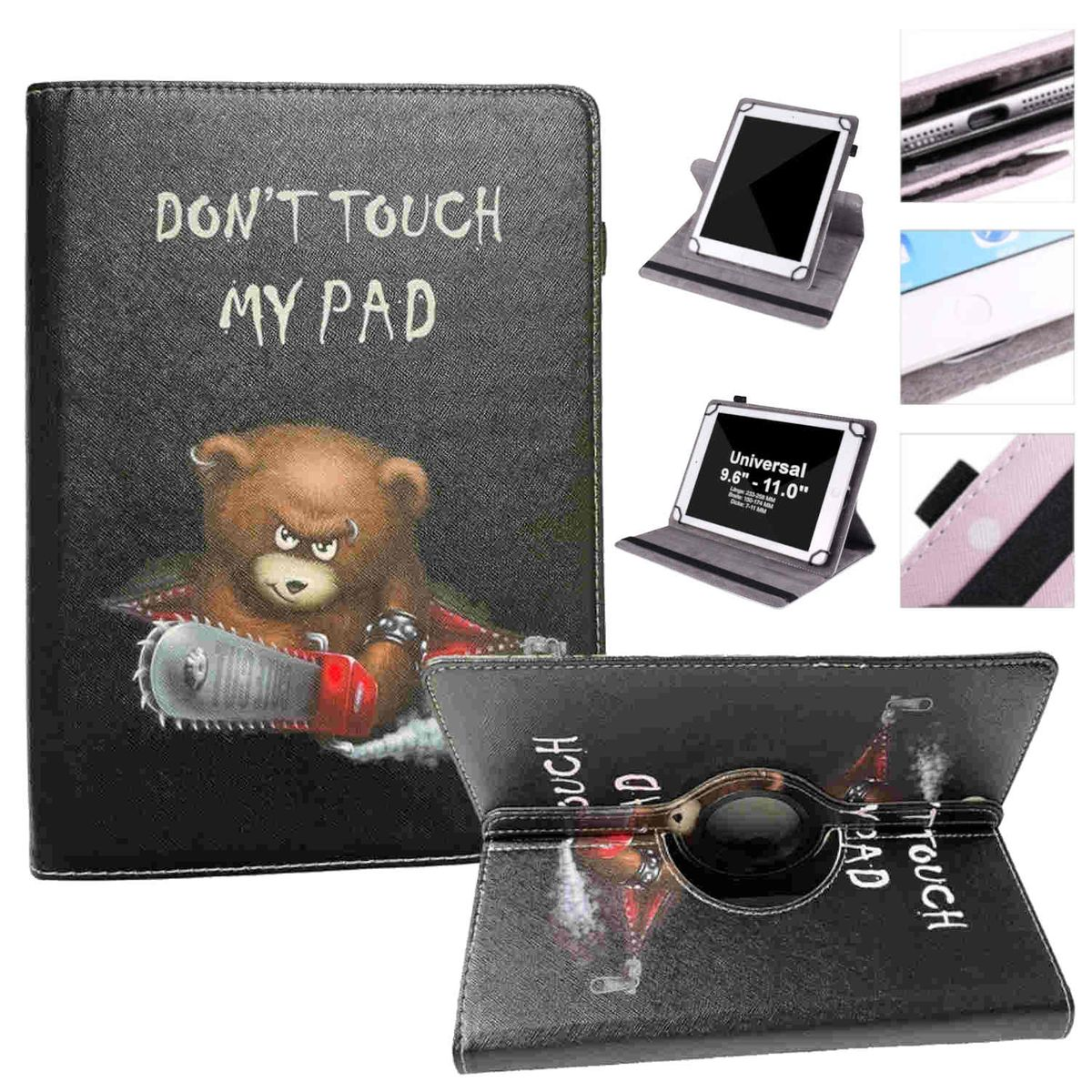 Tablethülle mit einem Bären, der eine Kettensäge hält, und einem Tablet in verschiedenen Positionen.