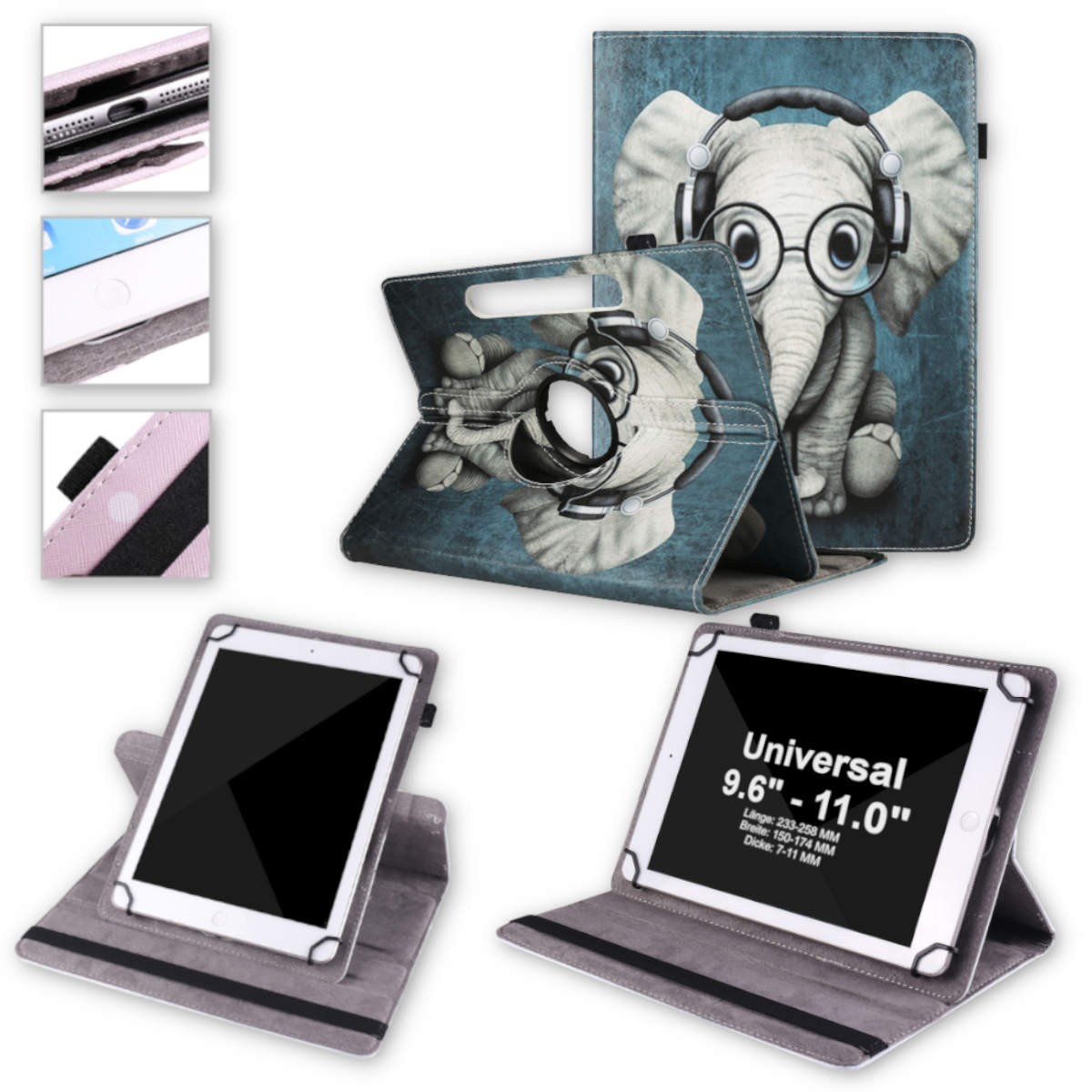Tablet mit Elefanten-Design-Hülle. Hüllen mit verschiedenen Winkeln und Tablet sichtbar.