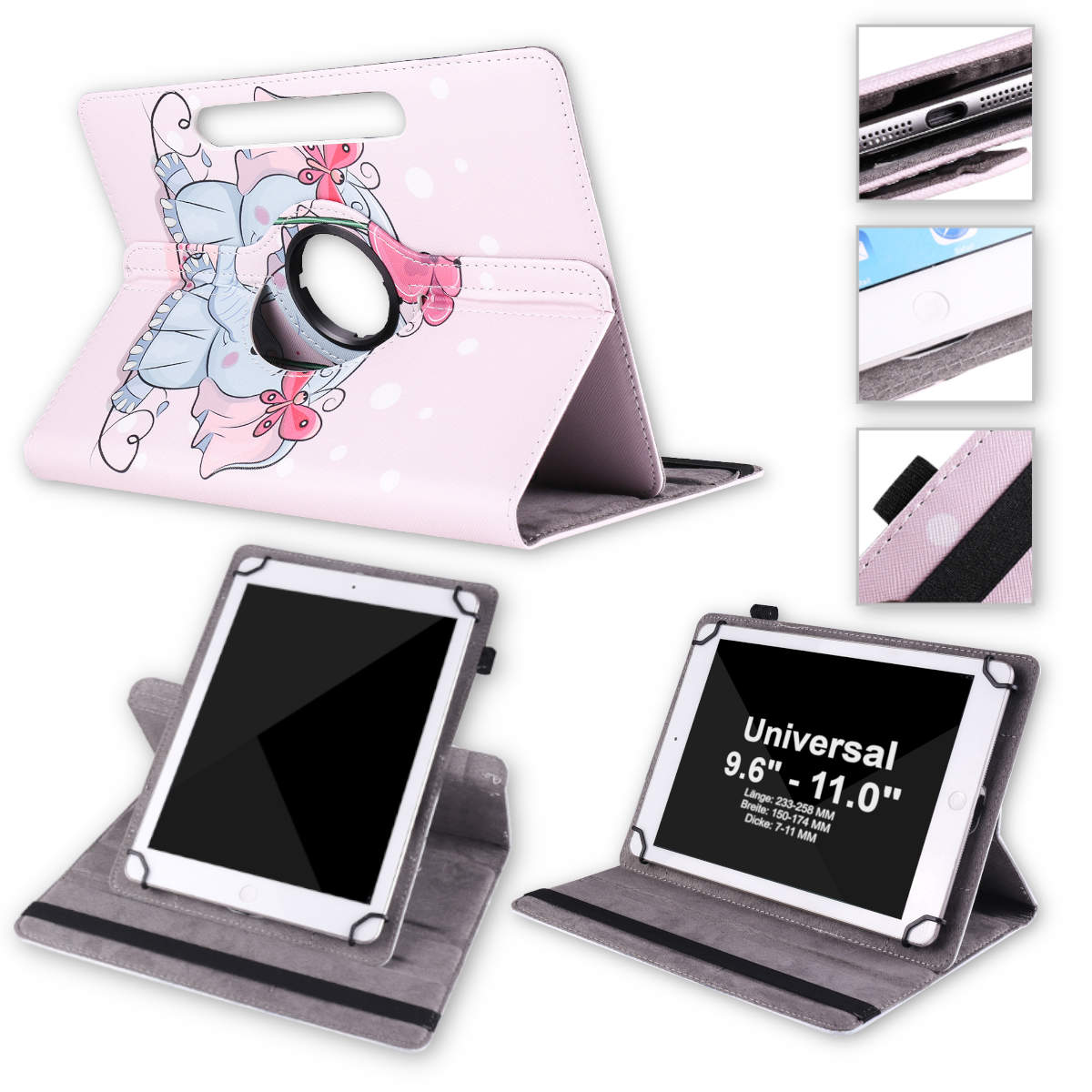 Eine rosa Tablettenhülle mit Cartoon-Design, mit einem Tablet darin.